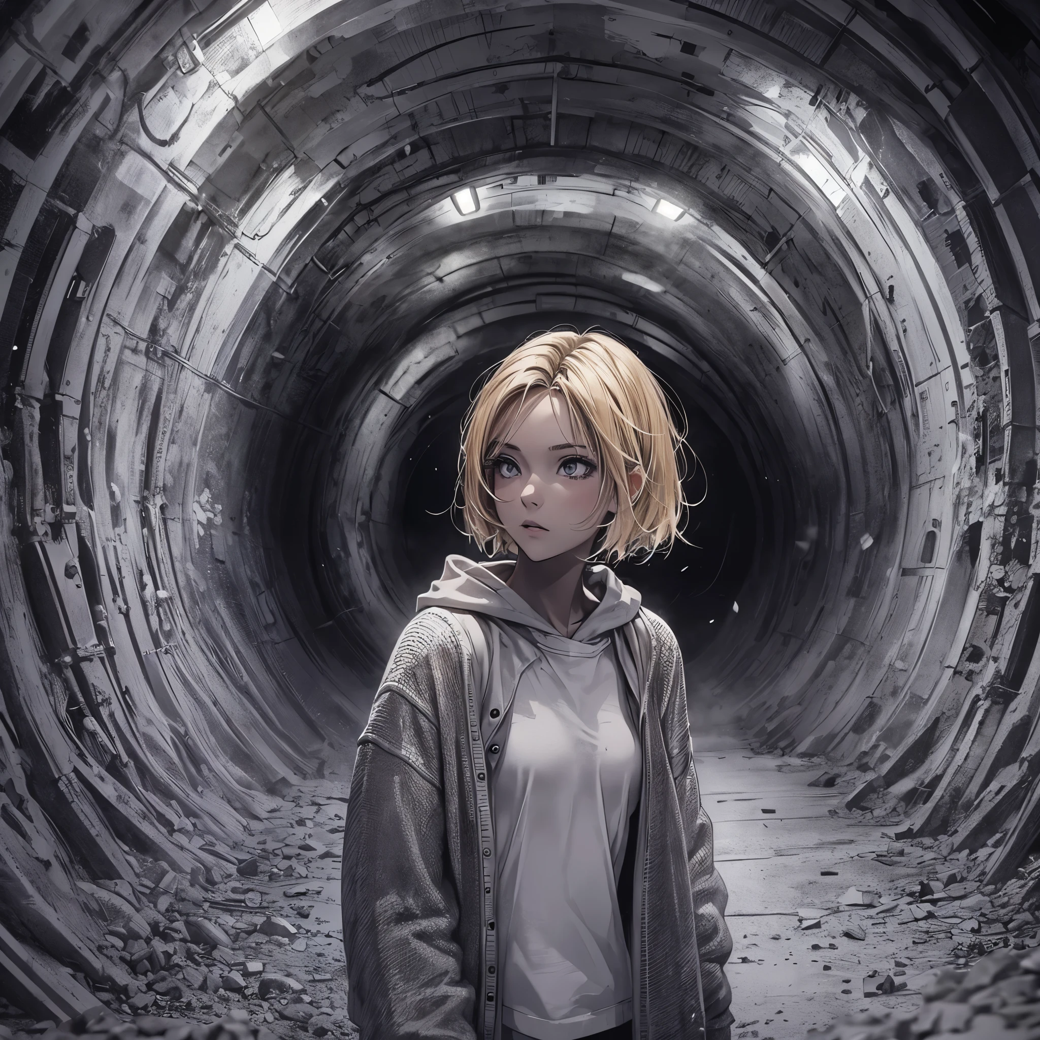 ((20-year-old woman,Blonde short bob hair,She is walking through an huge tunnel in the Uneasy atmosphere world)),inside the monochrome world,the monochrome tunnels,There are monsters in the tunnel s,Uneasy atmosphere,