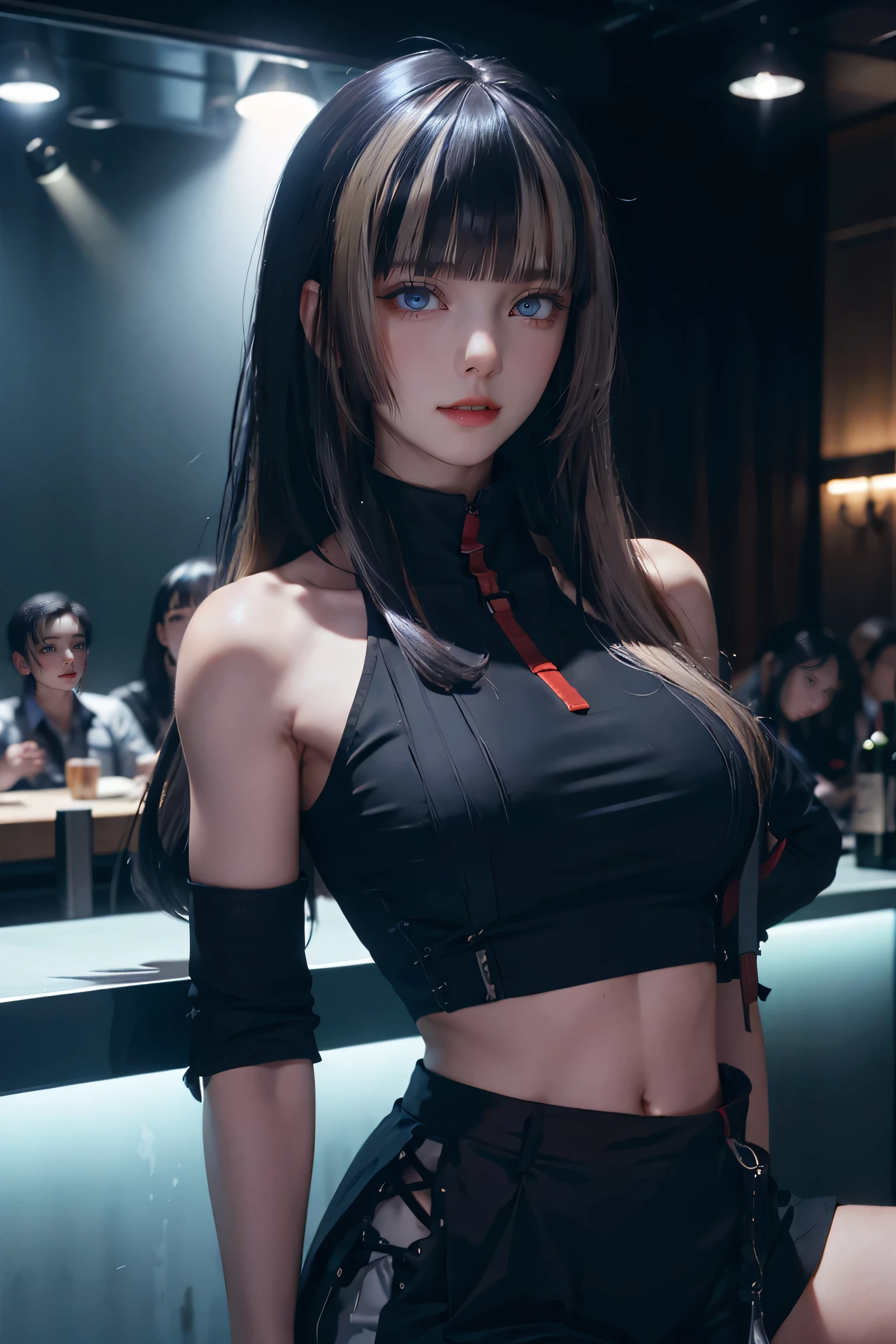sitting at the bar in a nightclub、Portrait of Elexi Sinclair wearing an S jacket, Wicked Smile, (masterpiece) (highest quality) (detailed) (8k) (High resolution) (wallpaper) (Cinema Lighting) (Sharp focus) (Complex), (((Tight shorts))), (((Tight waist))), ((Big Breasts)),(See through)
