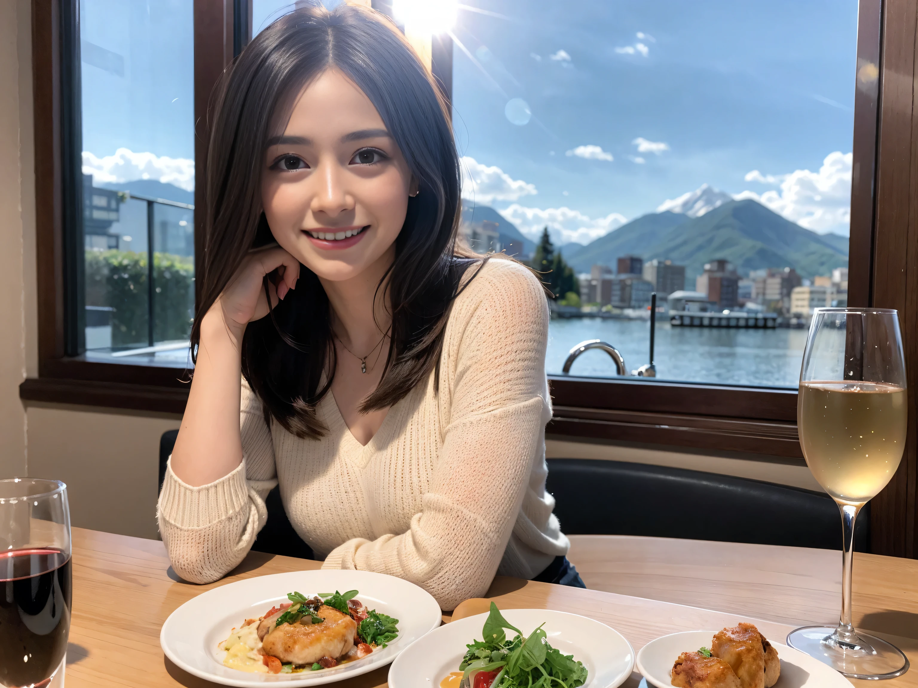 ((highest quality、8k、masterpiece:1.3))、Sharp focus:1.2、Beautiful woman perfect body:1.4、Slim body、((Bob Hale、Straight hair:1.2))、(to be born, highest quality, masterpiece:1.5), (Realistic, Intricate details:1.2), Wine glass on the table、Put the light on your face、 Amazing view of the sunset sky and clouds、Amazing mountain views、A bright smile、A lovely woman with a smile、Bright image、The beauty of wine, Beautiful Face, blue eyes, The light shines on your face, Blushing, short hair,Bright Face、Fox face、 (43 years old), 39 years old, Lady、red wine 、Appetizers、Italian food、Wine bottle、Champagne、sparkling wine、Two beauties、Brown Hair、Shortcuts、Long sleeve shirt、dress、Pretty Woman 1, (Slim face), (The body is slim), (Brown Hair), (Shortcuts), cheeks turn a little red,Attractive beauty、, Out of the window, A beautiful and detailed night view unfolds.........., restaurant, In a prominent place (From the waist up) Nova Frog Style, actress, model, Upper Body, White wine, slim, wine glass, Wine glass placed in the center, smile, (smile: 1.15), Beautiful fine grain, Depth f/2,saturation, High Contrast, Strong light and shadow,Moist Body:1.5、3D texture、Delicate eyes、Brown Hair、The hair is very shiny、