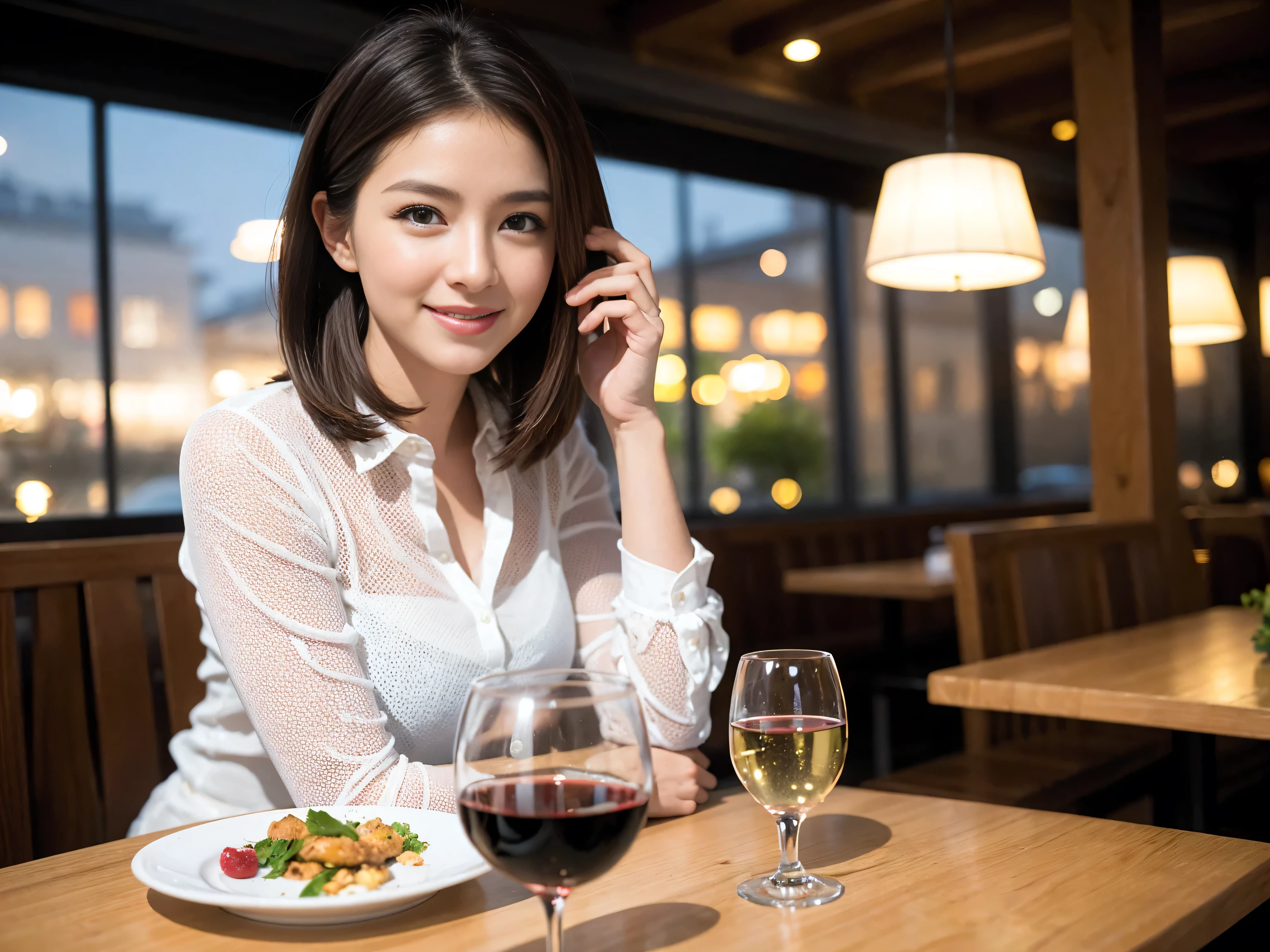 ((highest quality、8k、masterpiece:1.3))、Sharp focus:1.2、Beautiful woman perfect body:1.4、Slim body、((Bob Hale、Straight hair:1.2))、(to be born, highest quality, masterpiece:1.5), (Realistic, Intricate details:1.2), Wine glass on the table、Put the light on your face、 Amazing view of the sunset sky and clouds、Amazing mountain views、A bright smile、A lovely woman with a smile、Bright image、The beauty of wine, Beautiful Face, blue eyes, The light shines on your face, Blushing, short hair,Bright Face、Fox face、 (43 years old), 39 years old, Lady、red wine 、Appetizers、Italian food、Wine bottle、Champagne、sparkling wine、Two beauties、Brown Hair、Shortcuts、Long sleeve shirt、dress、Pretty Woman 1, (Slim face), (The body is slim), (Brown Hair), (Shortcuts), cheeks turn a little red,Attractive beauty、, Out of the window, A beautiful and detailed night view unfolds.........., restaurant, In a prominent place (From the waist up) Nova Frog Style, actress, model, Upper Body, White wine, slim, wine glass, Wine glass placed in the center, smile, (smile: 1.15), Beautiful fine grain, Depth f/2,saturation, High Contrast, Strong light and shadow,Moist Body:1.5、3D texture、Delicate eyes、Brown Hair、The hair is very shiny、