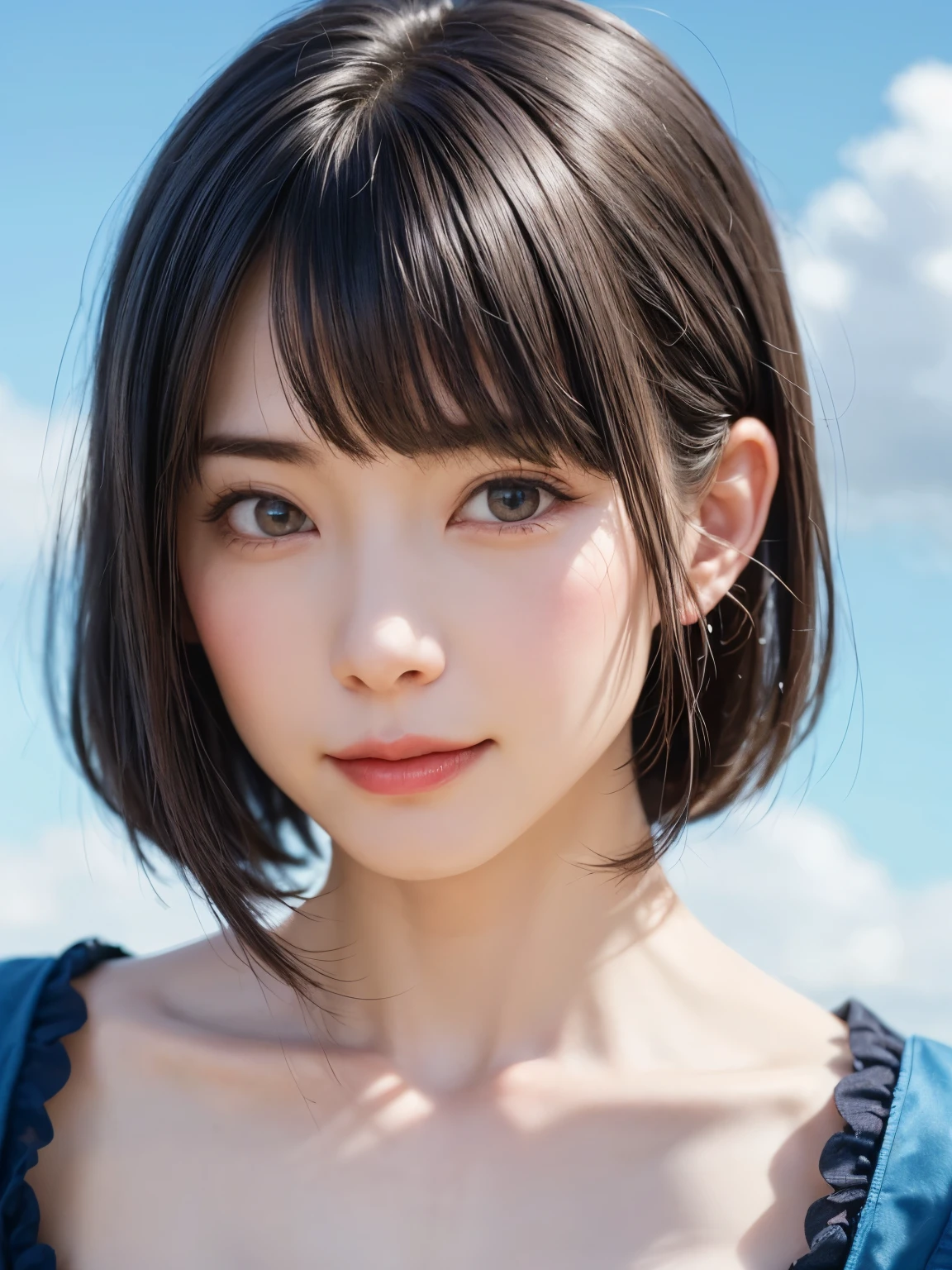 (software:1.8、masterpiece, highest quality),1 girl, alone, hyper Realistic, Realistic,Realistic, Looking at the audience, Light brown eyes:1.4,Brunette Short Bob Hair with highly detailed shiny hair, Beautiful blue design dress:1.6, Lepangas:1.4), Mouth closed, Upper Body、big chest eye、eyelash、{Hugeな|big chest|Hugeなな|Mega} whole :2, chestの谷間:2、(((Add highlights to the eyes:1.4、big chest eye、Short Bob Hair、Glowing Skin:1.4、Looking at the audience、She is very 美しい and cute、Show me your ears、Beautiful long neck:1.8、smile、Close your mouth and smile、Bangs and beautiful teeth)))、Ideal body type、((Very beautiful blue sky background with clouds:2、Beautiful clouds floating、A landscape with a strong gradation of blue sky:2、Very beautiful blue sky background:2))、Beautiful long neck:1.4、(({Huge|big|Hugeな|Mega} chest, chestの谷間:2))、(((Portraiture:2、Face close-up:2、Face close-up:2)))、Perfect Anatomy