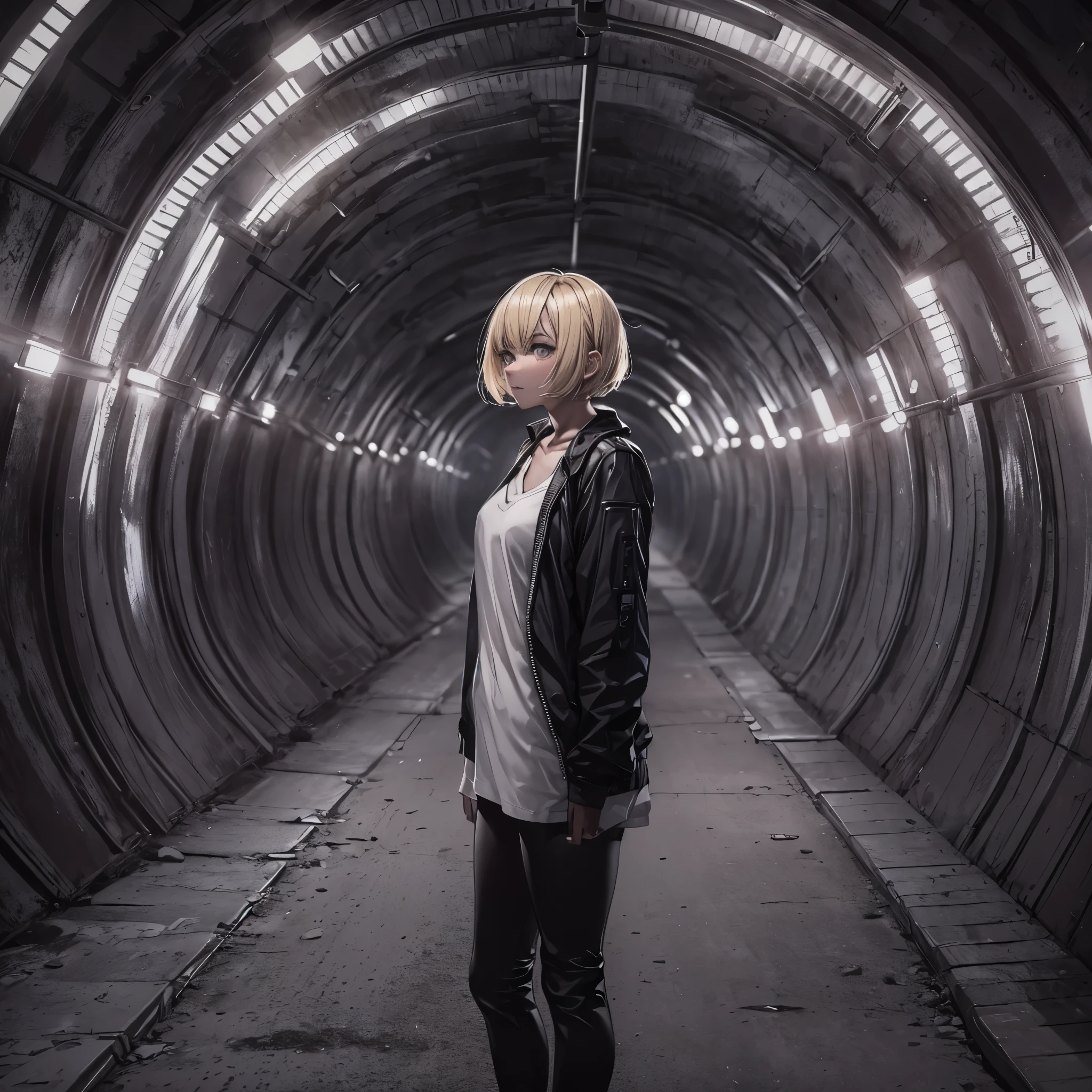((20-year-old woman,Blonde short bob hair,She is walking through an huge tunnel in the Uneasy atmosphere world)),inside the monochrome world,the monochrome tunnels,There are monsters in the tunnel s,Uneasy atmosphere,