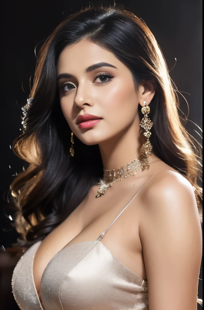 side topless portrait of A confident-looking indian woman, kamasutra princess with long flowing hair, hazel eyes, wearing designer jewellery, visible c-cup breast in a club, in a club, bokeh perfect composition, hyperrealistic, super detailed, 8k, high quality, trending art, trending on artstation, sharp focus, photo shoot, intricate details, highly detailed, art by greg rutkowski