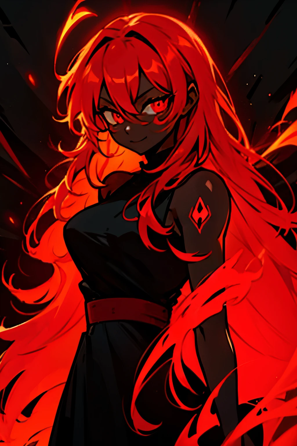 black skin, anime woman, happy, glowing red eyes, glowing red tattoos, long glowing red hair, wearing a black dress