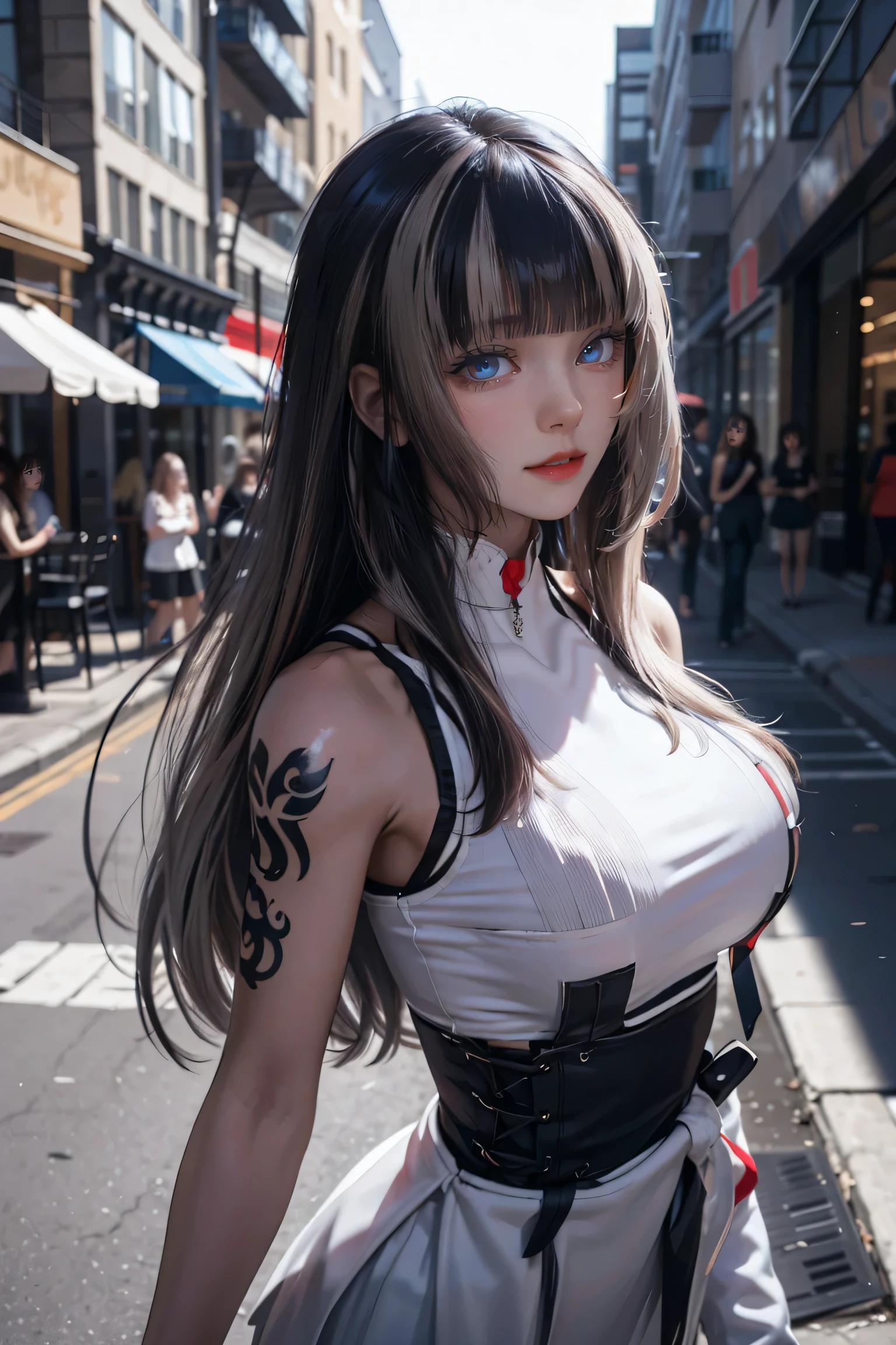 Beautiful female college student in the city,masterpiece,light makeup,Red Lip,Silver Hair,Disheveled long hair,Street Background,Grace,grace。Ultra-fine detailasterpieces,Authentic texture,Realism in film lighting,Perfect piece,8k,KHD,Delicate facial features,White skinny turtleneck top,white skinny shorts,Slim figure,Big bright eyes,Smooth skin,ear discharge,Choker Necklace,(((He has many tattoos all over his body)), (((Tight waist))), ((Big Breasts)),(See-through),panties