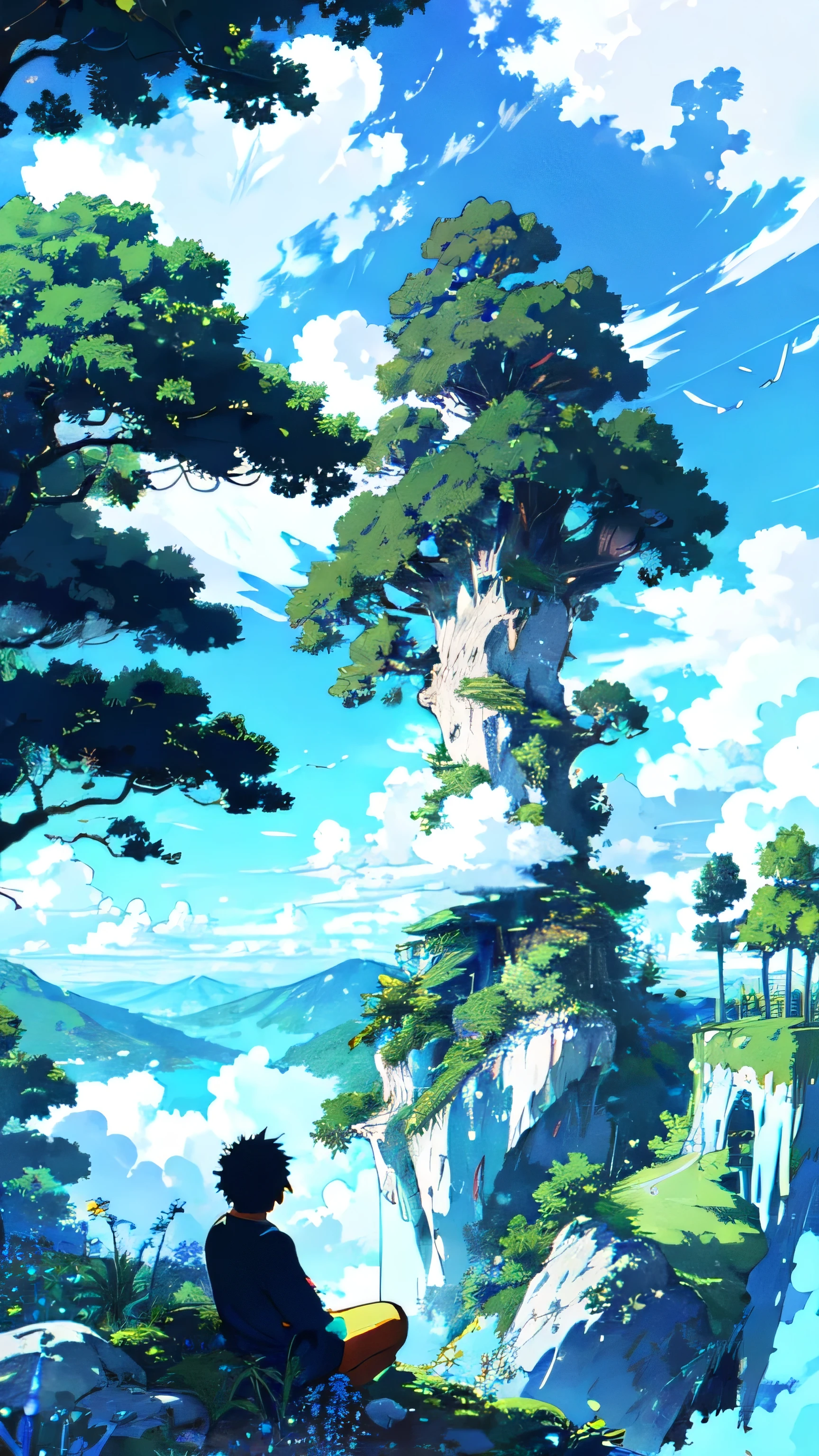   "A serene anime-style landscape under a bright blue sky with fluffy white clouds. A lush, green tree with thick foliage stands tall on the left side of the image. Below the tree, a young boy sits peacefully on a rocky hill, gazing out at the expansive, clear sky. The scene is filled with vibrant greenery, wildflowers, and birds flying in the distance, creating a sense of calm and tranquility." cloud, sky, outdoors, house, day, smile, blue sky, aqua background, Rich colors, white cloudsï¼ aqichahua, illustration, flat color, Flat style, (Masterpiece), (best quality)