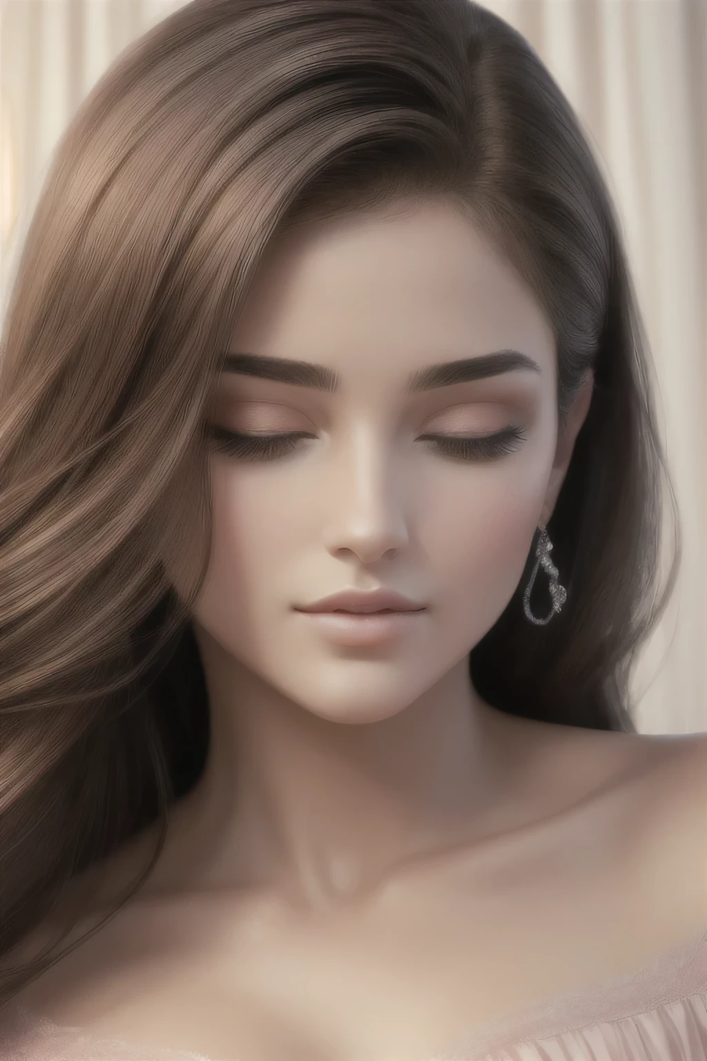 (best quality, highres, ultra-detailed:1.2), (beautiful, stunning, breathtaking) portrait, (gorgeous, mesmerizing, captivating) sexy woman with a (striking, flawless) face, (long, flowing) black wavy hair cascading down her shoulders, featuring a (prominent, elegant) big forehead and (charming, alluring) seductive eyes. Her eyes are (beautifully detailed, mesmerizingly intense), with (sparkling, vibrant) color and (long, thick) eyelashes that frame them perfectly. Her nose is of medium size, adding to her overall attractiveness. The focal point of her face is her (plump, luscious) lips, which are (voluptuous, kissable) and commanding attention. Adding a touch of romance to her fair glowing skin, she has a deep pink blush on her cheeks, which enhances her natural beauty.
She is wearing a pink oversized off-shoulder t-shirt, revealing her bare shoulders, exuding elegance and femininity. The t-shirt highlights her medium-sized chest, with a subtle hint of cleavage, adding a hint of allure to the composition.
The image quality is of the highest standard, featuring (best quality, high-resolution, ultra-detailed) rendering to capture every intricate detail. The final result is (realistic, photorealistic:1.37), bringing the artwork to life, as if it could jump off the canvas. The lighting is softly focused, illuminating her face and emphasizing the depth and dimension of the overall composition.
The artwork beautifully embodies a portrait stylized in a (classic, traditional) fashion, capturing the essence of timeless beauty. The color palette leans towards soft, feminine tones, with a delicate mix of pinks and neutrals, creating an atmosphere of elegance and sophistication. The lighting, with a gentle glow, adds a touch of warmth and intimacy to the scene, enhancing the overall ambiance.