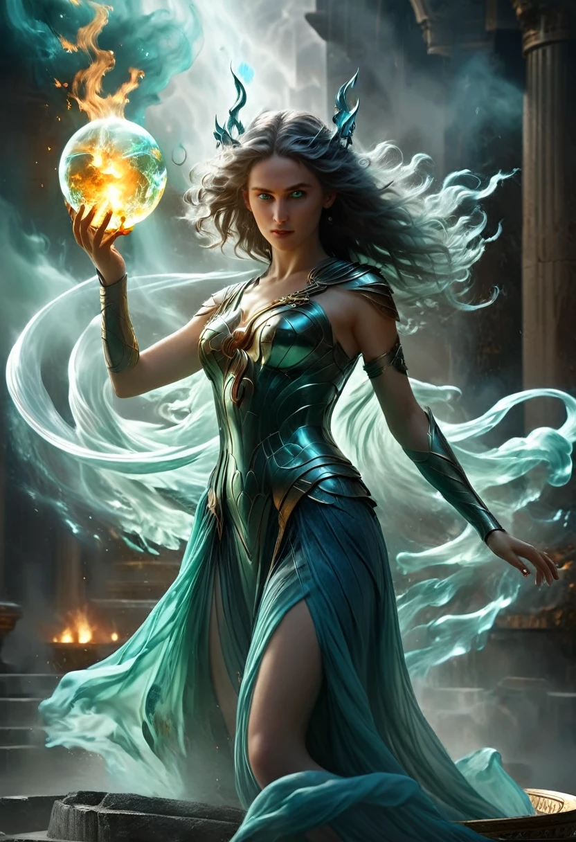 ((best quality)), ((masterpiece)), (detailed), perfect face Diana, war goddess, left side dodging, holding an orb, in wrath, mythical scene , flames wrapped around body, combat style, fight action, full body, perfect body, perfect face, perfect hands, hold a flames astral orb, submerged in fire, blue flames eyes, wavy long hair, body exposed, disclose, ethereal dragon, ethereal flames, ethereal, massive smoke, blue-green smoke, feet on clouds, UHD, ultra detailed, hyper realistic, surrealism, epic realism, shiny body, mystical glow,