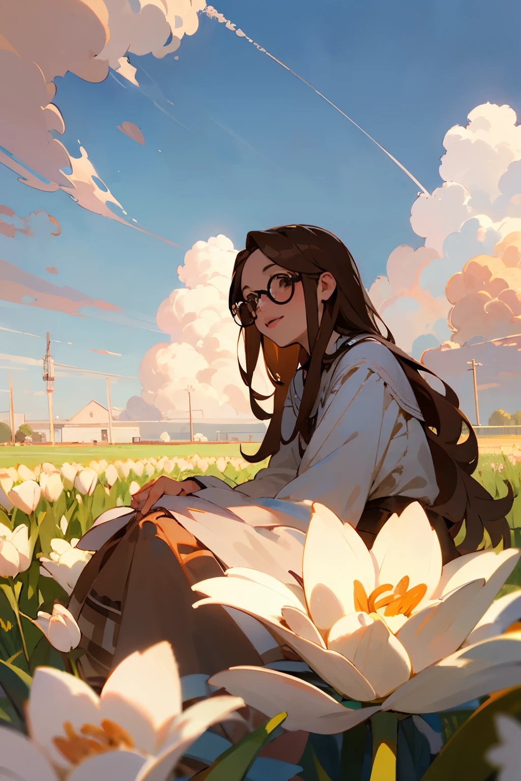 Atardecer con nubes en el cielo, color anaranjado, un campo enorme de tulipanes, a girl sitting in the distance ,long brown hair , Almond-brown eyes,usando lentes, labios color rosa, nariz bonita, cejas perfectas, sonriendo