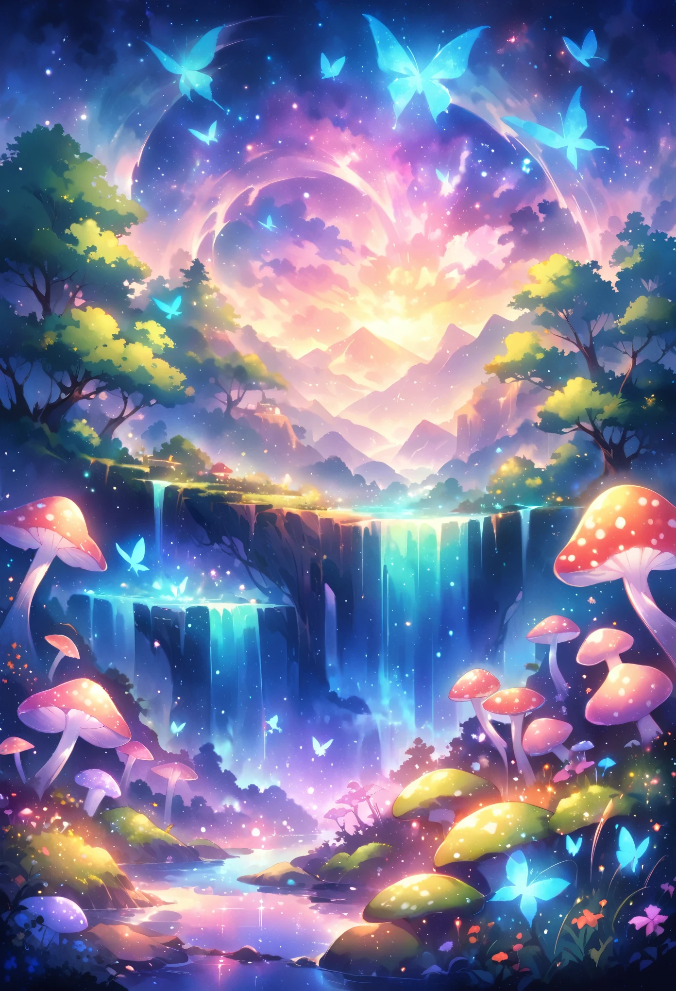 Watercolor landscape painting，(best quality,4k,8K,high resolution,masterpiece:1.2),Super detailed,(Watercolor landscape painting：1.5),巨型Bioluminescence蘑菇,Magical Mushroom Forest,Butterfly,firefly,Colorful vibrant mushrooms,forest atmosphere,Lush greenery,Mysterious light,Flash,Charming atmosphere,Ethereal Beauty,The air feels charged with magic,External,peaceful,serene,Like a dream,fantasy,myth,Otherworldly,Natural landscape,flora and fauna,Bioluminescence,illuminate,Magic Essence,Mysterious Creatures,Ethereal Light,Mushroom spores,luminescent生态系统,Complex Mode,luminescent光点,Weak fluorescence,Softly glowing mushroom,Create mesmerizing displays,Dark and mysterious,Hidden treasure,luminescent,illuminate周围环境,Peaceful night view,Night charm,Colorful fungus,Soft tones,月光illuminate了森林,Mystic energy,biological miracle.Watercolor landscape painting