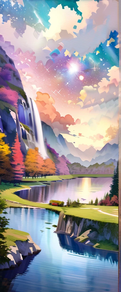 TRUCKERSRULE STYLE, (very beautiful elaborate watercolors:1.5),beautiful nature,beautiful lake\((very elaborate and beautiful galaxy reflected:1.4)\),waterfalls,fantasy,some fairies,beautiful sky, BREAK ,quality\(8k,wallpaper of extremely detailed CG unit, ​masterpiece,hight resolution,top-quality,top-quality real texture skin,hyper realisitic,increase the resolution,RAW photos,best qualtiy,highly detailed,the wallpaper\)