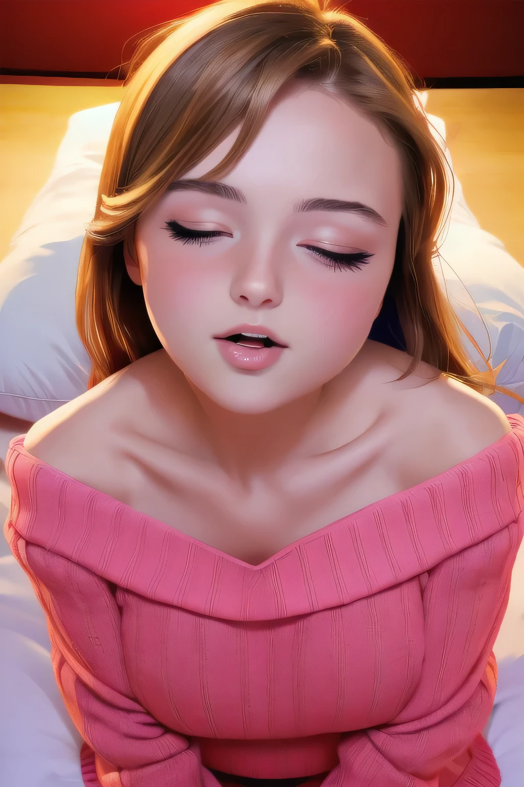 (best quality, highres), sexy woman, beautiful face, closed eyes, open mouth, deep blush, red tip of nose, long neck, off shoulder pink sweater, medium chest with visible cleavage, bedroom, warm lighting, lying on bed, head on pillow, facing the viewer