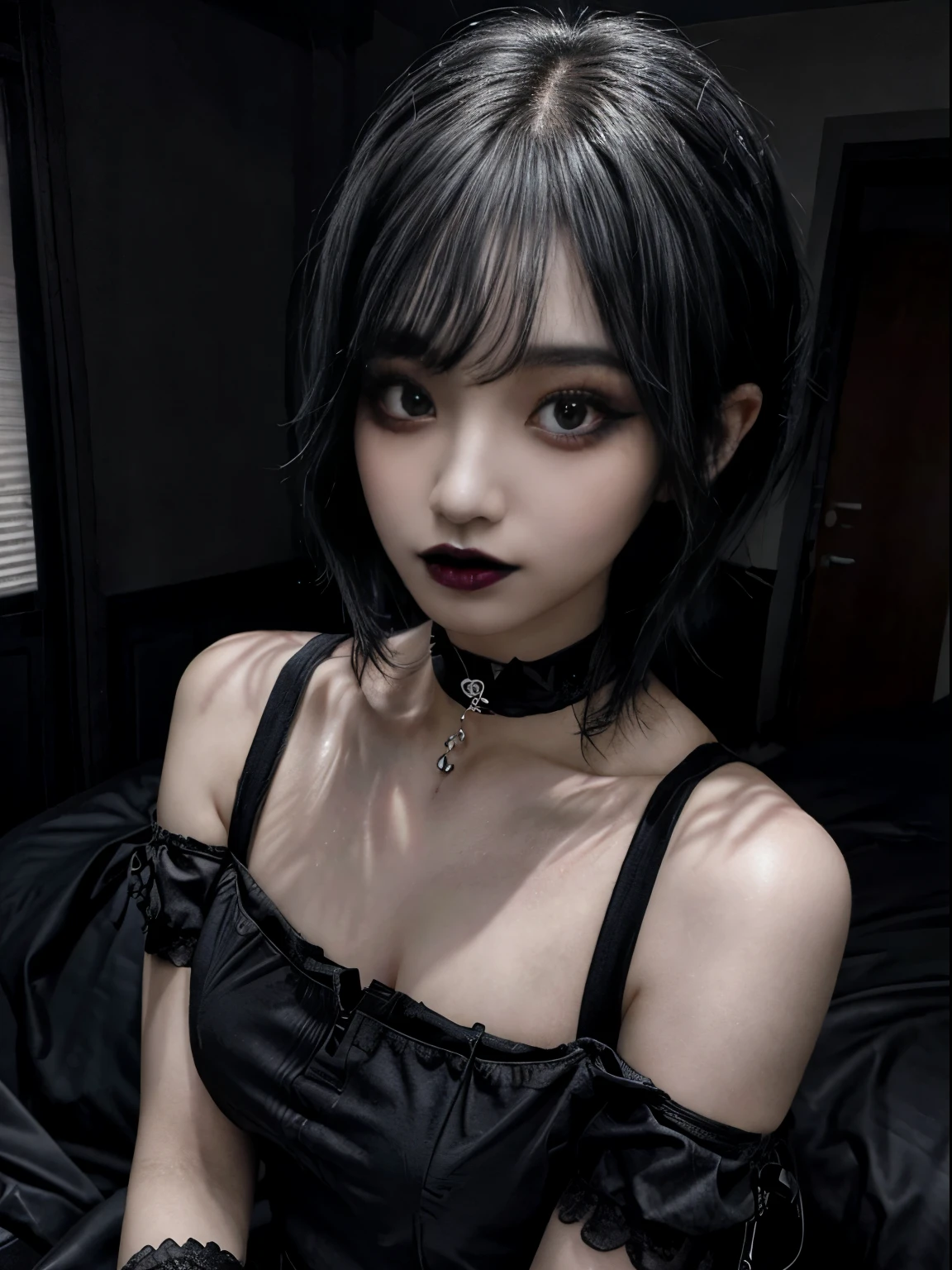 One girl, woman, Emo_Hairstyle, Black Lipstick, Big choker, eyeliner, eye shadow, mascara, Smokey Eye, Black Lips, Bedroom, Natural light, Perfect Face, Emo, Big Breasts, Black Lips, trainer, Over my shoulder, tattoo