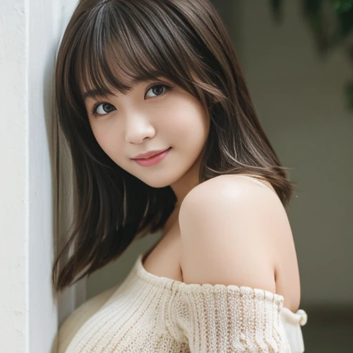 masterpiece, highest quality, 8k, 18-year-old, Big Breasts, cute, alone, A kind smile, Idol, cute, Girlish, Delicate girl, Pure beauty, RAW Photos, Professional photography, Portraiture, Soft Light, Professional Lighting, Backlight, Upper Body, avert your eyes, Sophisticated, Film Grain, (Eye and facial details:1.0), Floating shorthair, beautiful, Flowing hair, bangs, Off-the-shoulder knit、Big Breasts、The chest is slightly visible, Huge breasts:2.0