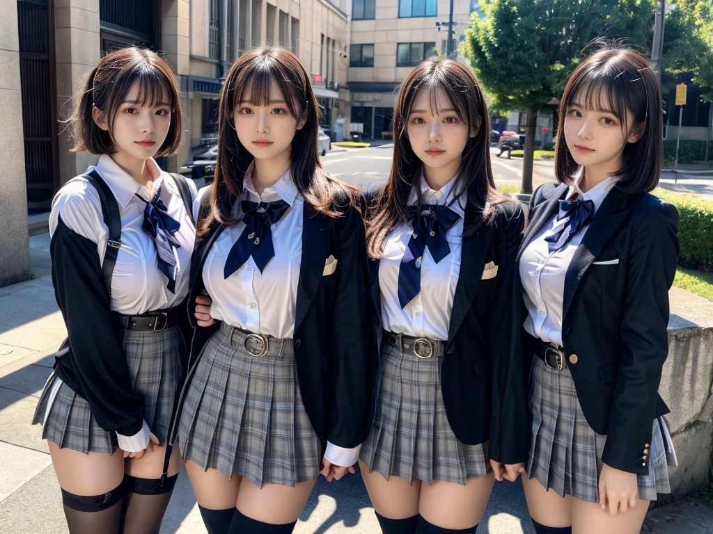 (8K, Raw photography, top-quality, masterpiece:1.2), master piece, best quality, illustration, Super detailed, fine details, High resolution, 8K,wall paper, perfect dynamic composition,(Details High quality, realistic depiction of eyes:1.3), ((2 girls, 2 schoolgirls)), The background is a luxury hotel room、High school girl uniform、blazer 、Super Short Check Uniform Skirt、Navy blue high socks、garterbelts、Colossal tits、Disturbed uniform, Play with each other,Touching each other's bodies,Touching the body of the girl next door, short bob hair, black hair color, huge breasts, Big Natural Color Lip, bold sexy pose, (perfect body shape), crying a little、cold gaze, Beautiful makeup,glitter makeup,Cutest 18 years old, beautiful legs, hposing Gravure Idol, Voluptuous thighs