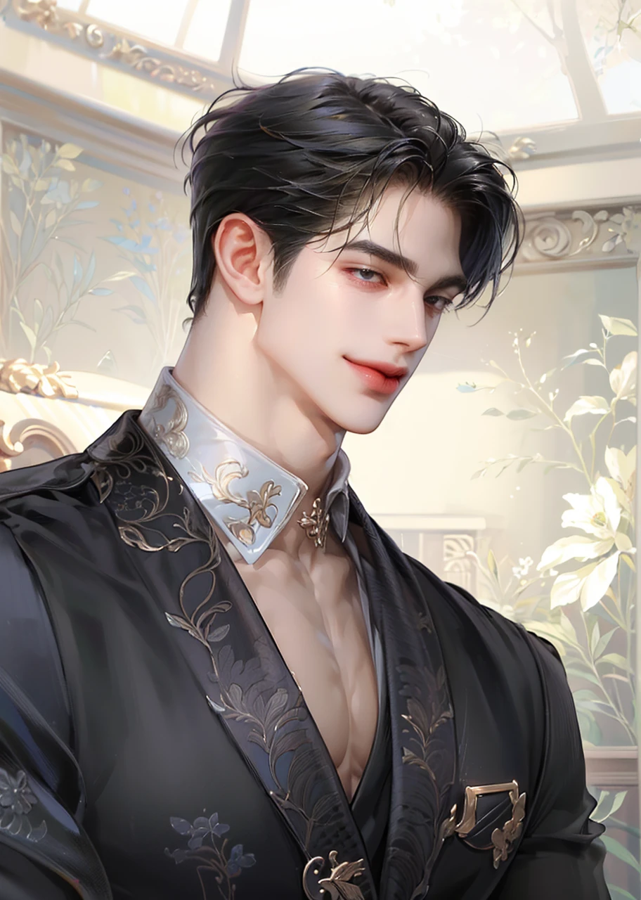 (masterpiece,best quality,ultra_detailed,highres,absurdres),1 mature male, 30-ish, (wide shoulder), ((no chest hair)), male focus, solo, dark black hair ,black eyes, short hair, looking at viewer, realistic, muscular, cute boys, handsome boy realistic, Muscle body, blazzer black, smile, 