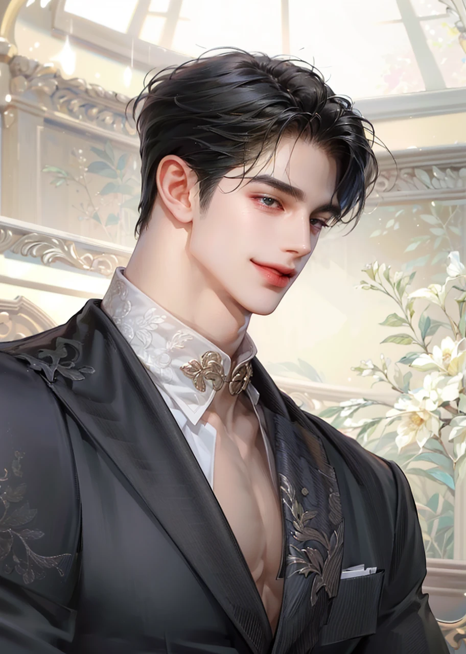 (masterpiece,best quality,ultra_detailed,highres,absurdres),1 mature male, 30-ish, (wide shoulder), ((no chest hair)), male focus, solo, dark black hair ,black eyes, short hair, looking at viewer, realistic, muscular, cute boys, handsome boy realistic, Muscle body, blazzer black, smile,
