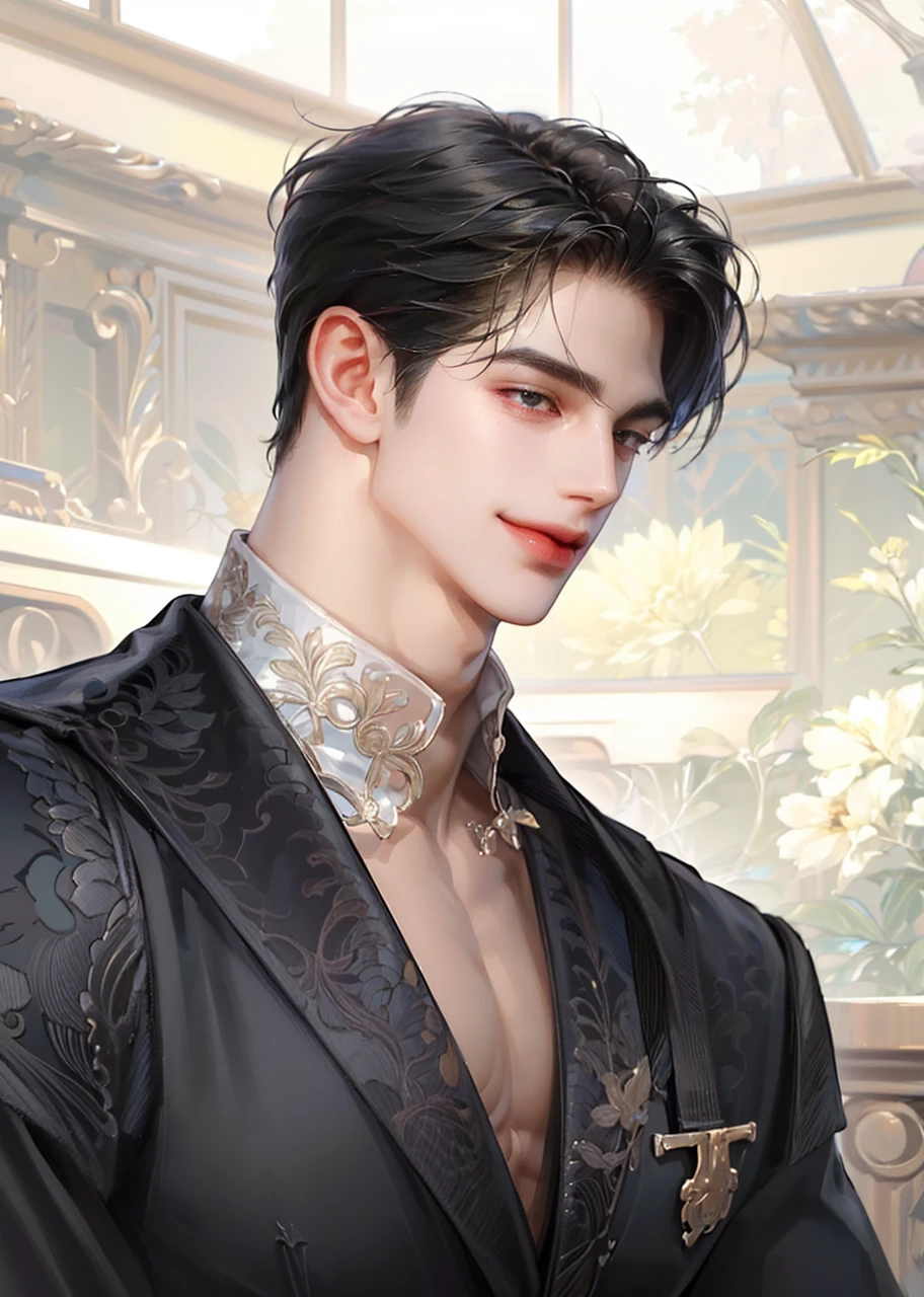 (masterpiece,best quality,ultra_detailed,highres,absurdres),1 mature male, 30-ish, (wide shoulder), ((no chest hair)), male focus, solo, dark black hair ,black eyes, short hair, looking at viewer, realistic, muscular, cute boys, handsome boy realistic, Muscle body, blazzer black, smile, 