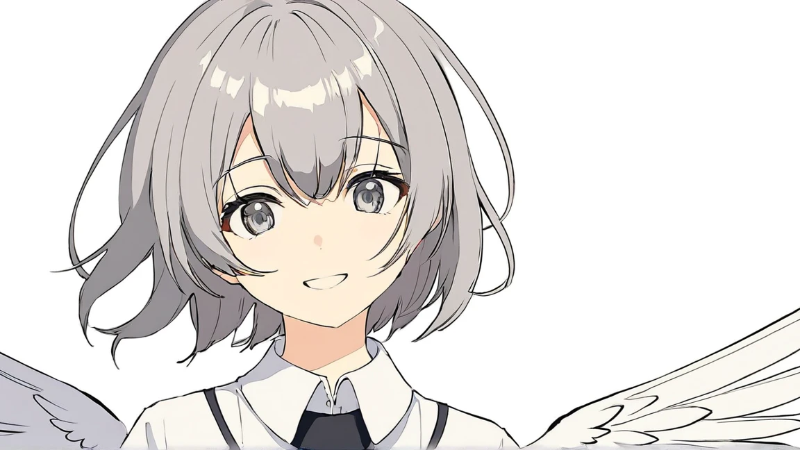 masterpiece,highest quality,One Girl, 一人in, upper_body, smile, gray_eye, Ahoge, 前hair, short_hair, eyebrow_appear_Through_hair, wing_collar, white_shirt, Looking_in_audience, Simple_background, white_background