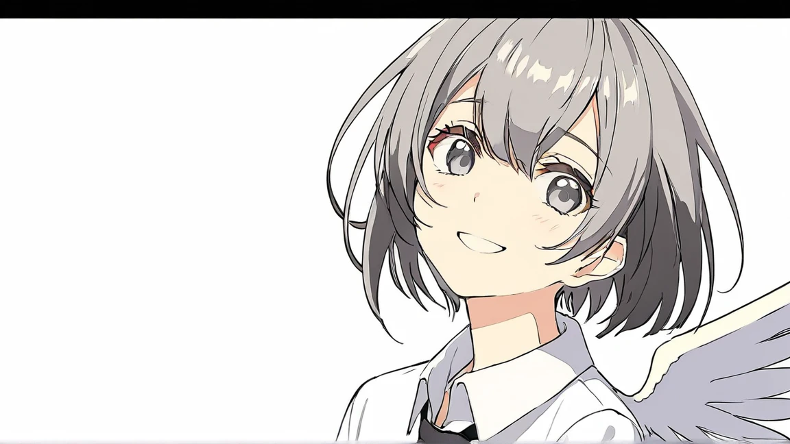 masterpiece,highest quality,One Girl, 一人in, upper_body, smile, gray_eye, Ahoge, 前hair, short_hair, eyebrow_appear_Through_hair, wing_collar, white_shirt, Looking_in_audience, Simple_background, white_background