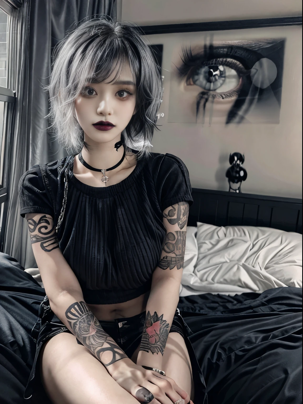 One girl, woman, Emo_Hairstyle, Black Lipstick, Big choker, eyeliner, eye shadow, mascara, Smokey Eye, Black Lips, Bedroom, Natural light, Perfect Face, Emo, Big Breasts, Black Lips, trainer, Over my shoulder, tattoo