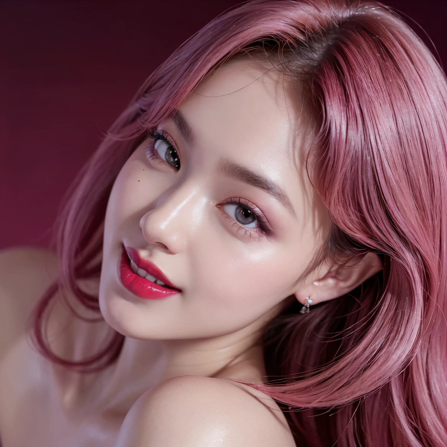 Best quality, masterpiece, ultra high res, photorealistic, raw photo, unity 8k wallpaper,(red lips:1.3),(pink eyeshadow:1.3),parted lips,,(evil smile:1.1)