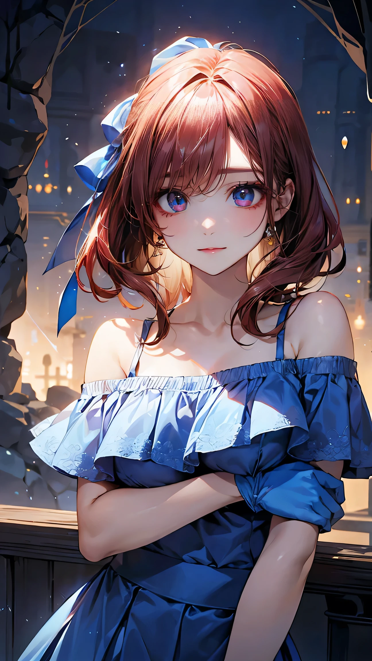 1girl, ((White off-shoulder、Blue and yellow frilled skirt mini))、Woman with long red hair, Skirt lift up、 Beautiful illustrations, (Natural Side Lighting, Cinema Lighting), Looking at the audience, Detailed and perfect face, Cute face, Shiny skin, Face, Tie your bangs back, black eye, Long eyelashes, Large Breasts, Big Ass, Big thighs,Beautiful Hair, Beautiful Face, Beautiful clavicle, Beautiful body, Beautiful breasts, Beautiful thighs, Beautiful feet, (Beautiful views),16-yr-oirl,(g head ribbon with the same pattern)), summer, (Upper body portrait)、masterpiece, 最high quality, high quality, High resolution, (In a dimly lit cave),Cinema Lighting, Big head ribbon