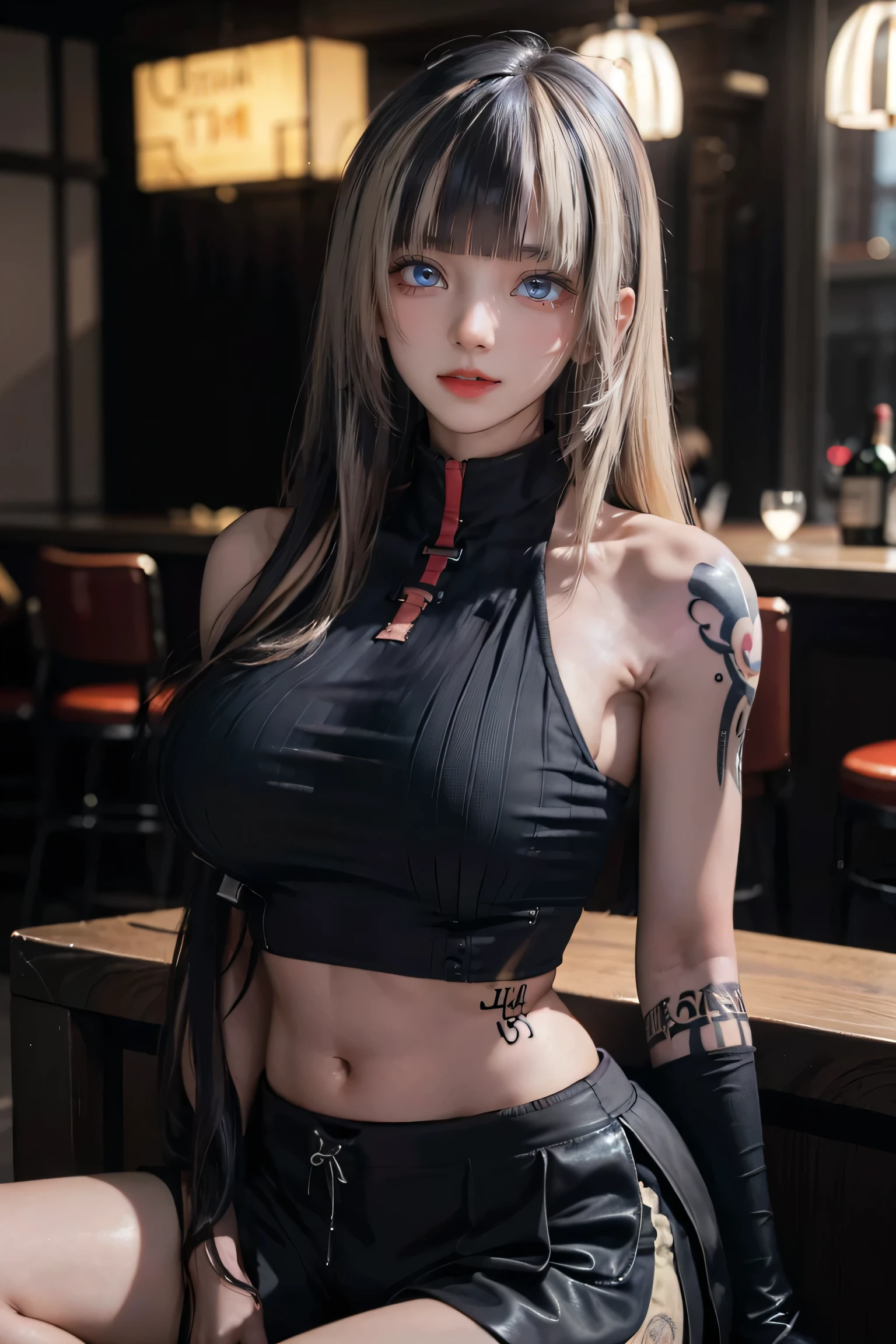sitting at the bar in a nightclub、Portrait of Elexi Sinclair wearing an S jacket, Wicked Smile, (masterpiece) (highest quality) (detailed) (8k) (High resolution) (wallpaper) (Cinema Lighting) (Sharp focus) (Complex),(((He has many tattoos all over his body)), Streetwear, (((Tight shorts))), blonde, (((Tight waist))), ((Big Breasts)),(See-through)