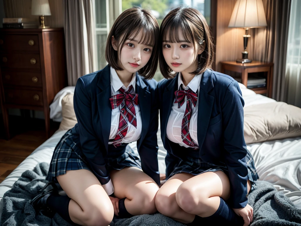 (8K, Raw photography, top-quality, ​masterpiece:1.2), master piece, best quality, illustration, Super detailed, fine details, High resolution, 8K,wall paper, perfect dynamic composition,(Details High quality, realistic depiction of eyes:1.3), ((2 girls, 2 schoolgirls)), The background is a luxury hotel room、High school girl uniform、blazer 、Super Short Check Uniform Skirt、Navy blue high socks、garterbelts、Colossal tits、Disturbed uniform, Play with each other,Touching each other's bodies,Touching the body of the girl next door, short bob hair, black hair color, huge breasts, Big Natural Color Lip, bold sexy pose, (perfect body shape), crying a little、cold gaze,  Beautiful makeup,glitter makeup,Cutest 18 years old, beautiful legs, hposing Gravure Idol, Voluptuous thighs