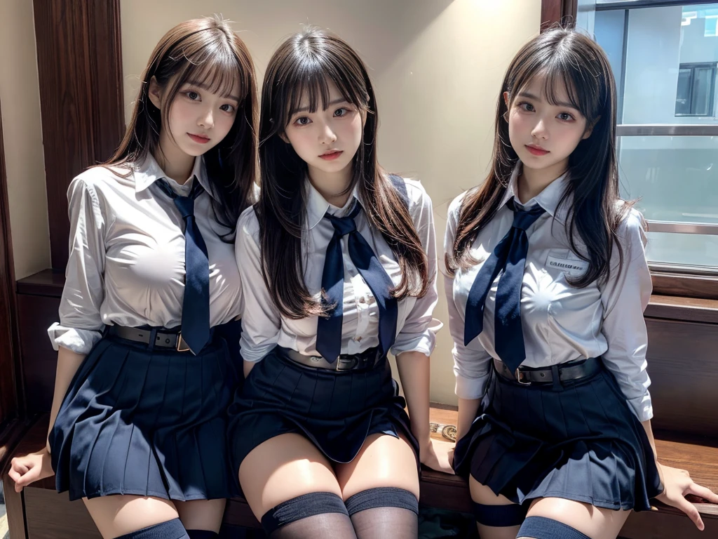 (8K, Raw photography, top-quality, masterpiece:1.2), master piece, best quality, illustration, Super detailed, fine details, High resolution, 8K,wall paper, perfect dynamic composition,(Details High quality, realistic depiction of eyes:1.3), ((2 girls, 2 schoolgirls)), The background is a luxury hotel room、High school girl uniform、blazer 、Super Short Check Uniform Skirt、Navy blue high socks、garterbelts、Colossal tits、Disturbed uniform, Play with each other,Touching each other's bodies,Touching the body of the girl next door, short bob hair, black hair color, huge breasts, Big Natural Color Lip, bold sexy pose, (perfect body shape), crying a little、cold gaze, Beautiful makeup,glitter makeup,Cutest 18 years old, beautiful legs, hposing Gravure Idol, Voluptuous thighs