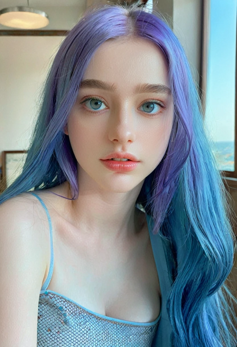 ((intricate details, pale skin)), solo, very detailed, detailed face, very long hair, picture of a beautiful young woman, dasha_taran, sfw, ((natural blue purplish hair style)), High Definition RAW Photography, 16k photography, (full body), standing, delicate facial features, pretty face, detailed full body, visible from head to knees, (bright sky-blue eyes:1.2), mesmerizing eyes, emotive longing expression, (cinematic, film grain:1.1), multicolored hair, Hyperrealism, UHD, retina, masterpiece, ccurate, anatomically correct, textured skin, super detail, high details, high quality, award winning, best quality, highres