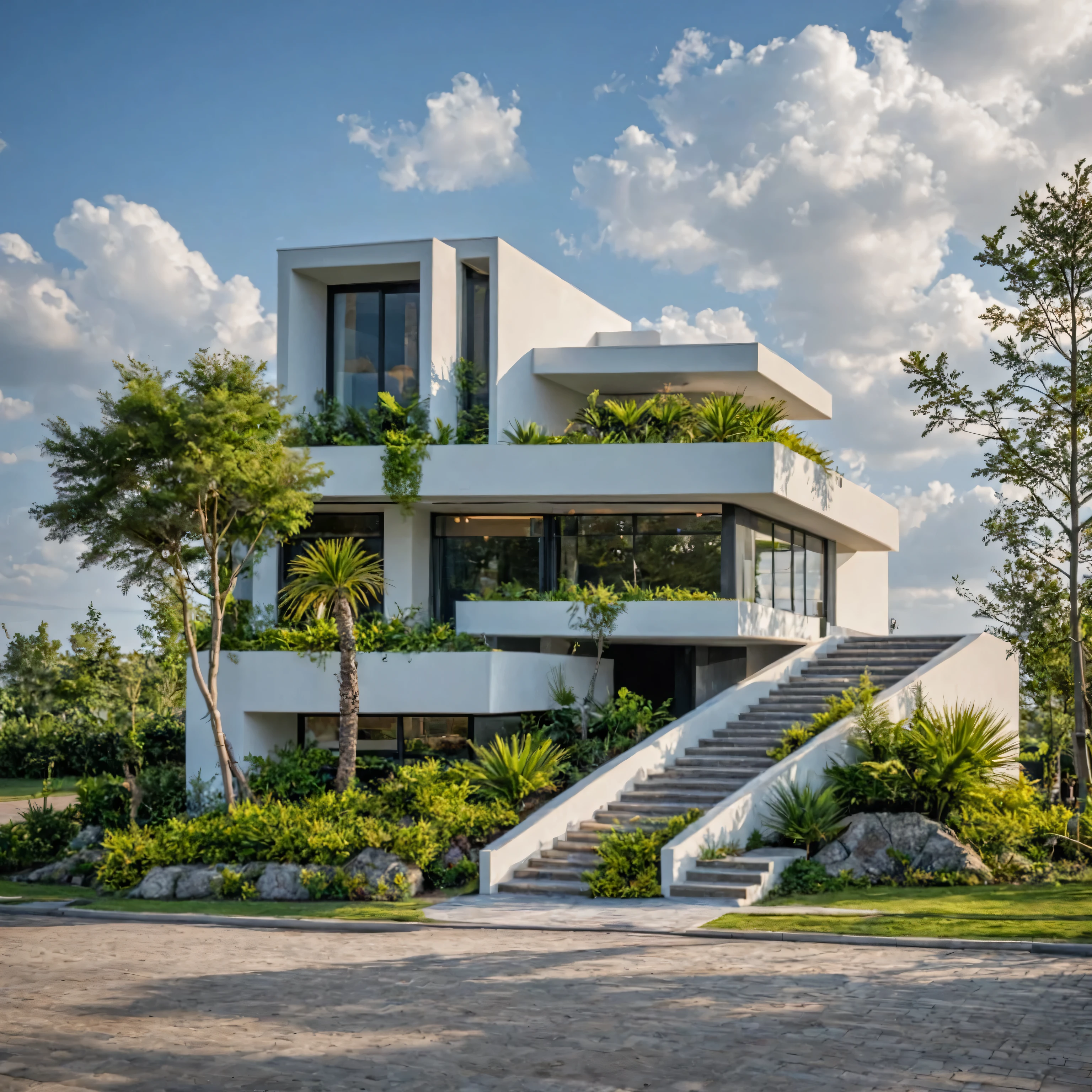 Masterpiece, high quality, best quality, authentic, super detail, outdoors, onestoreyvillaXL, aiaigroup, house style modern on the street ,stairs, white wall ,road,pavement, grass, trees, sky, cloud, (daylight:1.1)