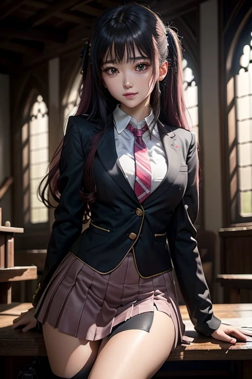 High school girl blazer、 uniform、Red checked knee-length skirt、Long skirt、JK Style、Jacket、smile、Knee-high socks、Thigh-high socks、pantyhose、A superb beauty、Super cute、ennui、Rare beauty、Twin tail hair、Black Dark Eyeshadow、Sad、Good skin glow、Long hair straightener、Dark Gothic Makeup、Dark Smile、Fragrant beauty、Stained glass background、Mastepiece、Best Quality、Refers to 5 books、Sweat glistening on my chest、Sweat glistening on my face、Small breasts、Dark pink hair、Age 22 years old、Slightly slim、Mysterious look、A sad expression、Pink Hair、mysterious gothic church、enchanting castle、Sweating profusely all over the body、A lot of sweat and light on the thighs、Shiny thighs、Plenty of sweat glistening on the thighs、A large amount of sweat glistens on my thighs、Sweating profusely、Gal、Small breasts、japanese face、Alluring expression、Thin thighs、Playing guitar、I have a guitar、Sing a song enthusiastically、Playing guitar in a band、