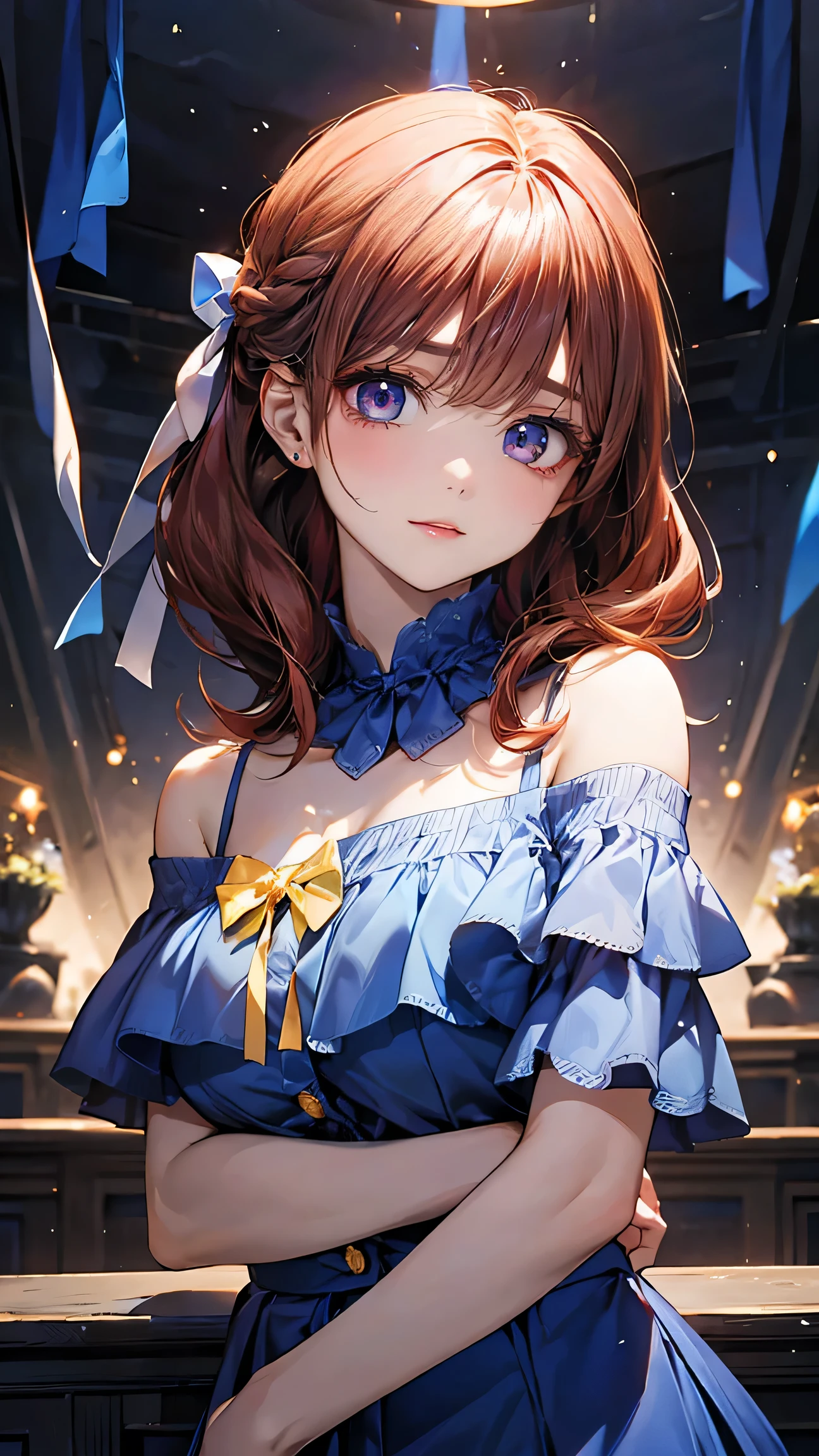 1girl, ((White off-shoulder、Blue and yellow frilled skirt mini))、Woman with long red hair, Skirt lift up、 Beautiful illustrations, (Natural Side Lighting, Cinema Lighting), Looking at the audience, Detailed and perfect face, Cute face, Shiny skin, Baby Face, Tie your bangs back, black eye, Long eyelashes, Large Breasts, Big Ass, Big thighs,Beautiful Hair, Beautiful Face, Beautiful clavicle, Beautiful body, Beautiful breasts, Beautiful thighs, Beautiful feet, (Beautiful views),16-year-old girl,((Big head ribbon with the same pattern)), summer, (Upper body portrait)、masterpiece, 最high quality, high quality, High resolution, (In a dimly lit cave),Cinema Lighting, Big head ribbon