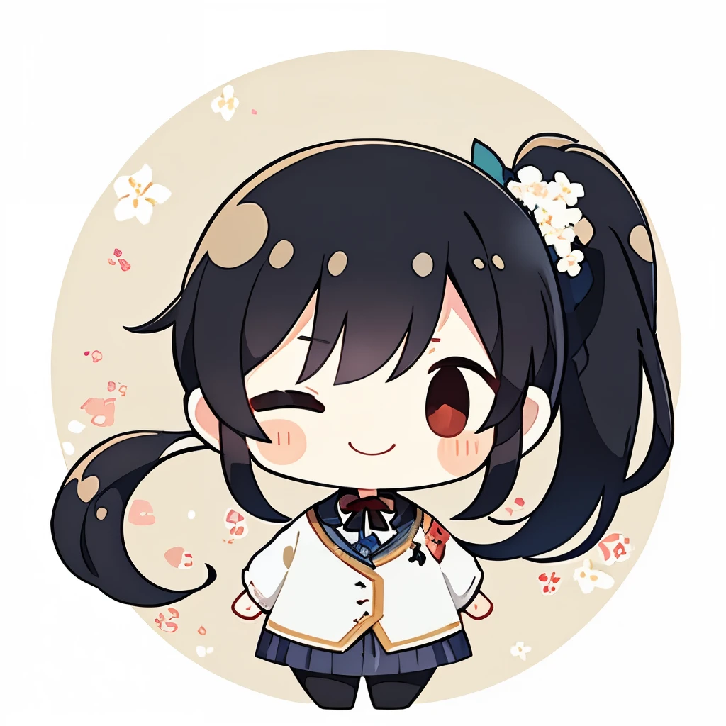 Transparent watercolor、girl、Gemstone Eyes、Beautiful arrangements and motifs、Depth of written border、Flat avatar, 1girl, smile, one eye closed, peace sign、Black Hair((side ponytail)), White tips, 、Background white、Cherry blossom petals, Cute girl, Modest clothing, 、blazer、Black mini skirt、Black tights