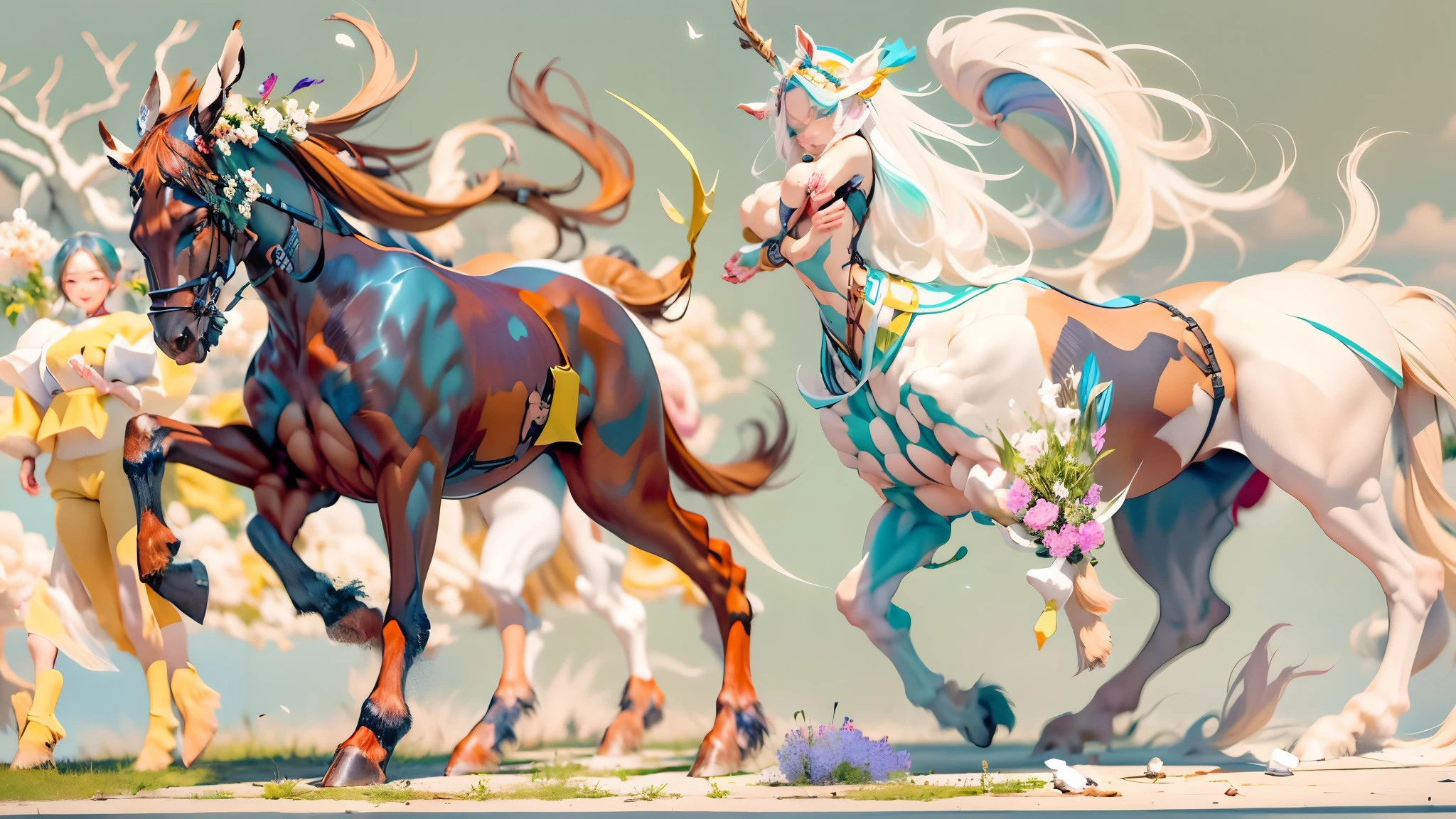 In the beautiful illustration of this super-grand scene,The ultra-distant lens shows us(More than eight distinctive and beautiful Centaur characters:2.7),Their personality、Distinctive and vivid features。from(A radiant, angelic, snow-white centaur from heaven:1.1),arrive(Nightmare-like fiery red centaur surrounded by flames:1.1)、再arrive(Green Centaur, the wind fairy dancing in the air:1.1)、再arrive有(One-horned blue centaur surrounded by lightning:1.1),arrive(A mechanical-style mecha Centaur shining with metallic light:1.1)、再arrive(A powerful dragon-shaped centaur wearing colorful dragon scale leather:1.1)、再arrive(A slender elven centaur that is graceful and agile:1.1)Gracefully wears a flower crown、arrive(Enchanting and charming Tiflin centaurs:1.1)、再arrive(A succubus centaur with an indescribably sexy feeling:1.1)。Each Centaur character fully demonstrates his unique style。The illustration uses advanced artistic techniques and tools,Use nesting、Weaving、Splicing、perspective、interlude、Montage and other artistic techniques,Divide the scene into sections by geometric arrangement,Each part corresponds to a role,from而更有效地利用了空间,Make eight centaurs exist in one picture at the same time,(The style tends to be grotesque、Hayao Miyazaki、Aesthetic、indescribable:3.3)。Through Midjourney's advanced brush tools、Color palette、Material packs和模型包、Texture tools,For each centaur, beautiful props are designed to increase racial characteristics、Clothing and physical features,Enhances the character's personality and visual appeal,(Stunning landscapes in illustrations,There are changing skies、rainbow、aurora、Stars and Moon,Incorporating iconic landmarks such as Mount Everest,and fireworks、Tranquil Lake、Natural and urban elements of waves and neon lights,Creates a magical atmosphere:1.5),Centaurs demonstrate their unique abilities and equipment in a variety of environments,This is true even in extreme alien landscapes。Use Midjourney's tools、Material packs、Texture tools、The color palette makes depicting details vivid and realistic,from复杂的发型和以及不同的种族特质、Body、Appearance features、服装arrive真实的纹理,Greatly improved the realism of the Centaurs and their surroundings,The fusion of multiple art styles adds dynamism to the character's movement at all angles,The overall visual experience is further enriched。The final illustration was described as a "masterpiece",It has the characteristics of "best quality" and "realistic",The details put into the creative process are shown、Level of creativity and craftsmanship。 hdr,(Reality,Masterpiece quality,Best quality)