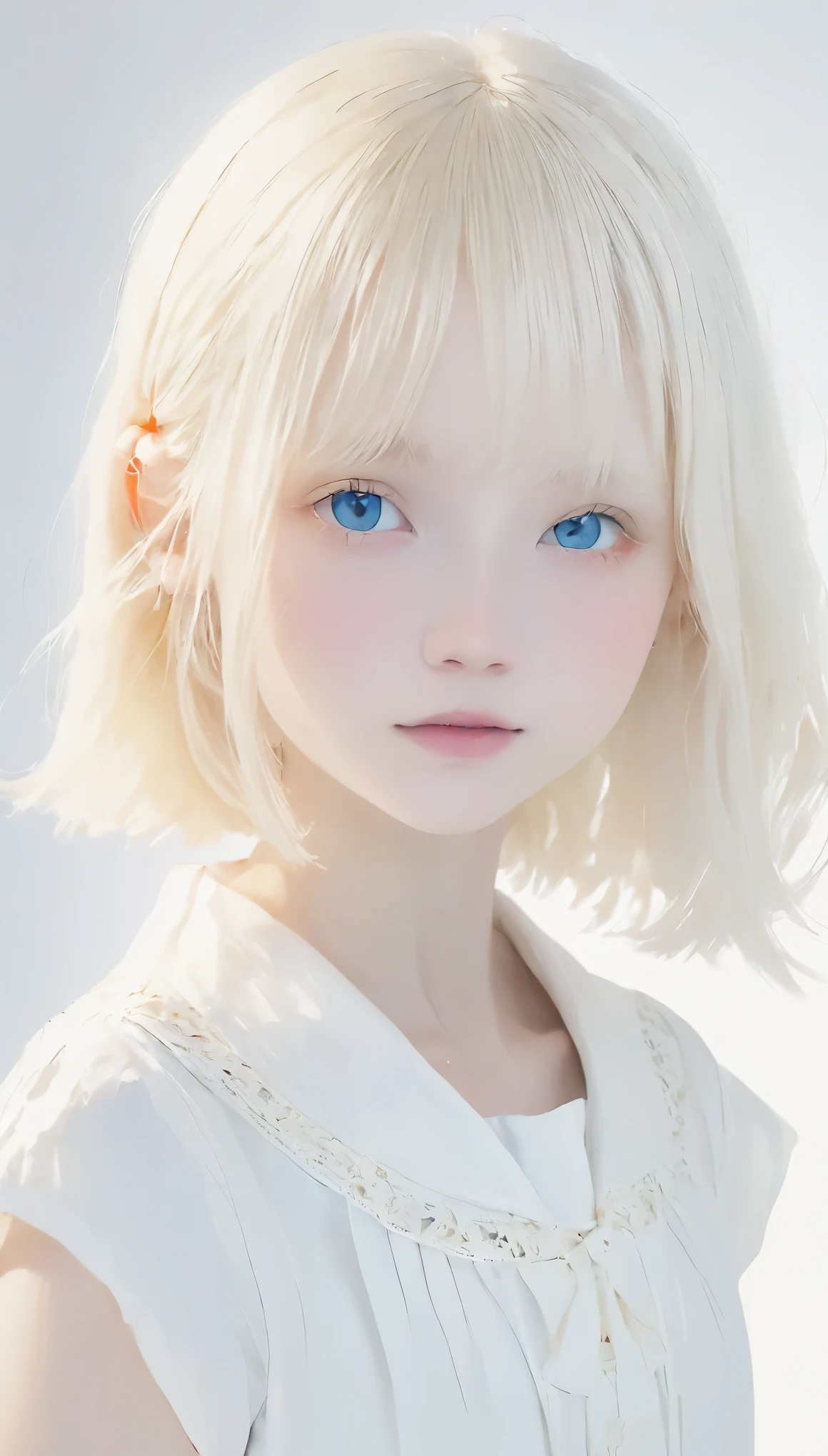 (((White Background:1.3)))、(((1 albino girl、Cute Face、pretty girl))), ************,(((The eyes are white:1.3)))、White Dress、((White shirt:1.3、White Block Dress)), Tyndall effect, Realistic, Shadow Studio,ultramarine、illumination, Dual tone illumination, (Skin with attention to detail: 1.2)、薄Dark illumination、Dark illumination、 photograph, High resolution, 4K, 8k, Background Blur,Beautiful fade out、White world、White Background