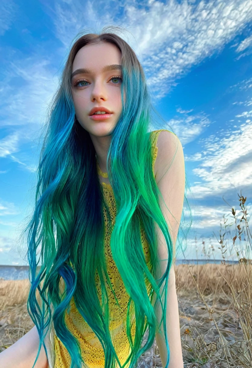 ((intricate details, pale skin)), solo, very detailed, detailed face, very long hair, picture of a beautiful young woman, dasha_taran, sfw, ((natural green hair style)), High Definition RAW Photography, 16k photography, (full body), standing, delicate facial features, pretty face, detailed full body, visible from head to knees, (bright sky-blue eyes:1.2), mesmerizing eyes, emotive longing expression, (cinematic, film grain:1.1), multicolored hair, Hyperrealism, UHD, retina, masterpiece, ccurate, anatomically correct, textured skin, super detail, high details, high quality, award winning, best quality, highres