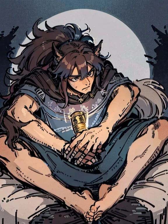 masterpiece,best quality,Extremely detailed,high resolution,Very detailed,Solitary,fantasy,Wolf Orc,Boys,20-year-old Boys,(Direct, long hair),blue eyes,Handsome face,hairy,dark blue fur,Fluffy neck hair,(Expedition Clothing, Brown), barefoot, Extremely detailed fur,( Five fingers), Overview, external, village,