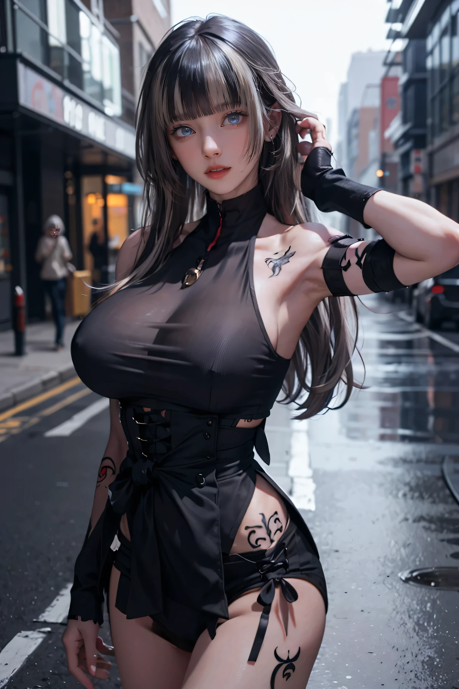 One Girl, Gray Hair, Long Hair, Techwear masterpiece, highest quality, Realistic, Dark purple jacket, Portraiture, fine grain, Platinum Hair, 21 year old girl, Fashion pose, Half Body, Wide Shot, on the road, cyber punk,(((He has many tattoos all over his body)), (((Tight waist))), ((Big Breasts)),(See through)，panties