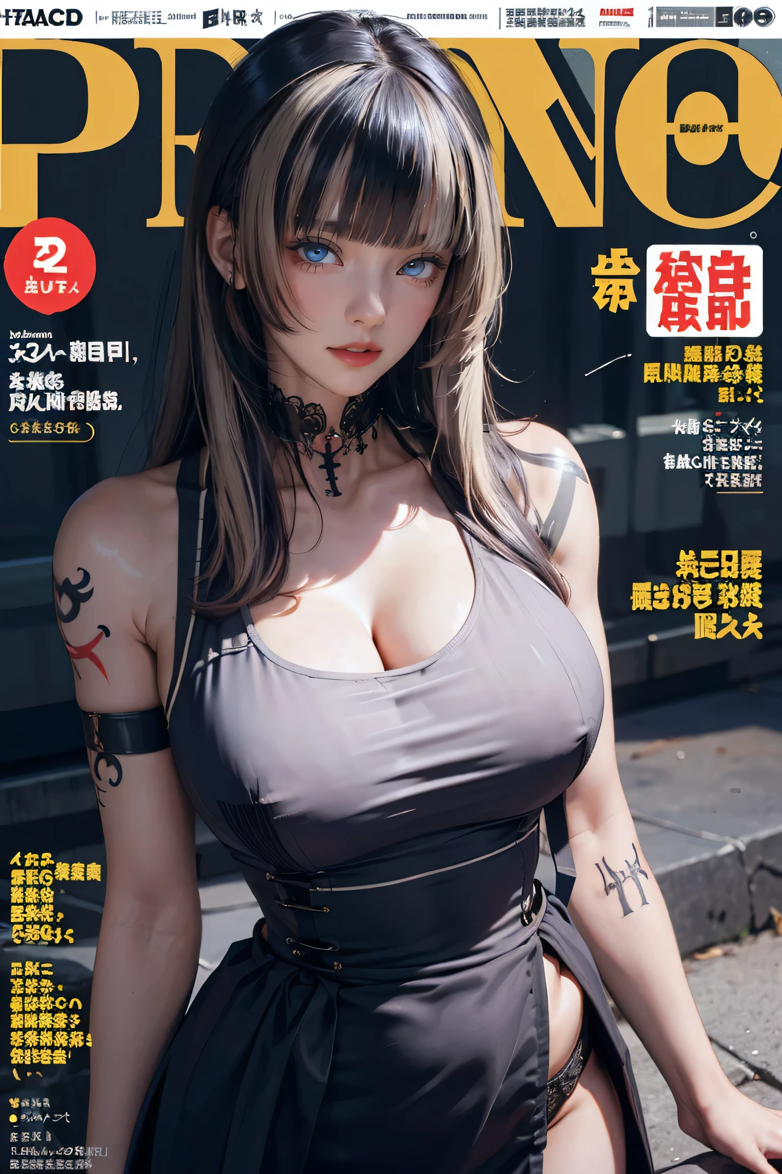 masterpiece, Top-class, Spring Dresses, Colored Hair, Outdoor, Magazine Cover, Sheer short skirt,, suspenders, Light tulle, Wide Hips, Narrow waist, Smooth, soft and delicate skin,(((He has many tattoos all over his body)), (((Tight waist))), ((Big Breasts)),(See through),panties