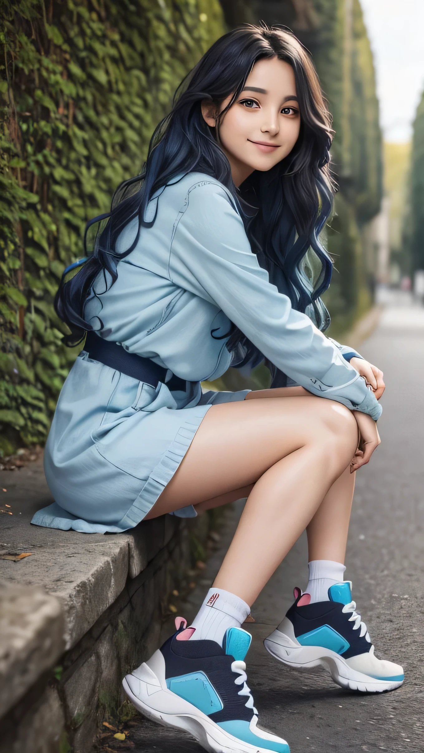 une jeune femme dans la vingtaine, with long wavy blue hair of a soft brown framing a delicate face. Her warm smile lights up her face and transmits positive energy. Nous voyons tout son corps. Elle est en tenue de sport. elle porte aussi des chaussures noires. prend une photo