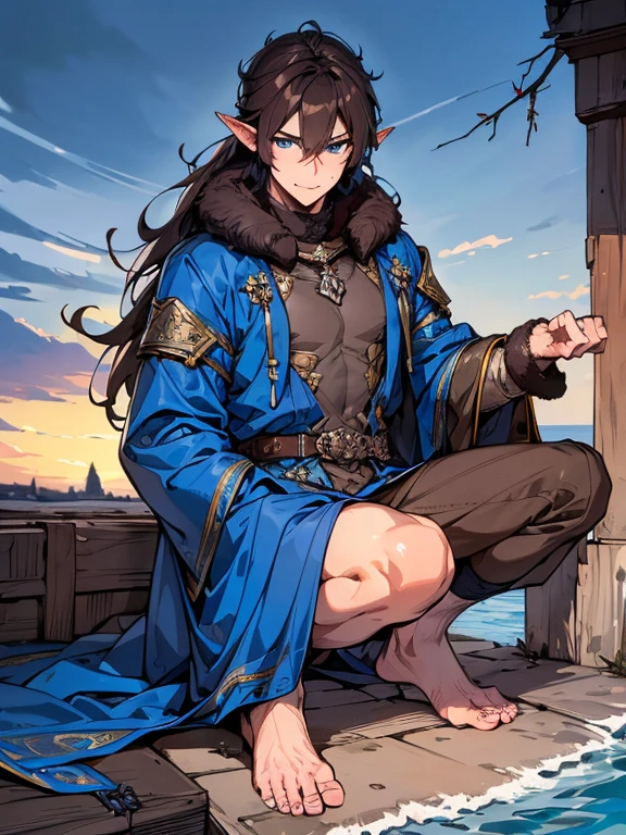 masterpiece,best quality,Very detailed,high resolution,Very detailed,solitary,fantasy,Wolf Orc,boys,20-year-old boys,(direct, long hair),blue eyes,Handsome face,hairy,dark blue fur,Fluffy neck hair,(Expedition Clothing, Brown), barefoot, Very detailed fur,( Five fingers), Overview, External, village,