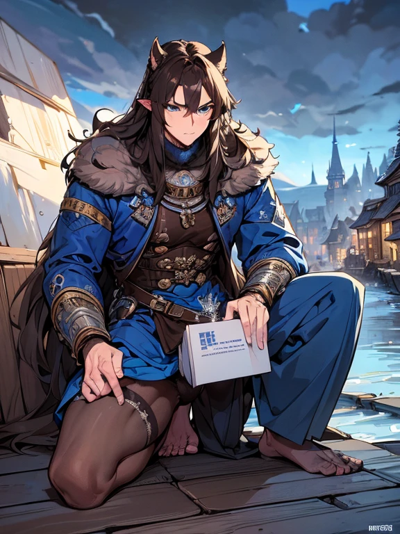 masterpiece,best quality,Very detailed,high resolution,Very detailed,solitary,fantasy,Wolf Orc,boys,20-year-old boys,(direct, long hair),blue eyes,Handsome face,hairy,dark blue fur,Fluffy neck hair,(Expedition Clothing, Brown), barefoot, Very detailed fur,( Five fingers), Overview, External, village,