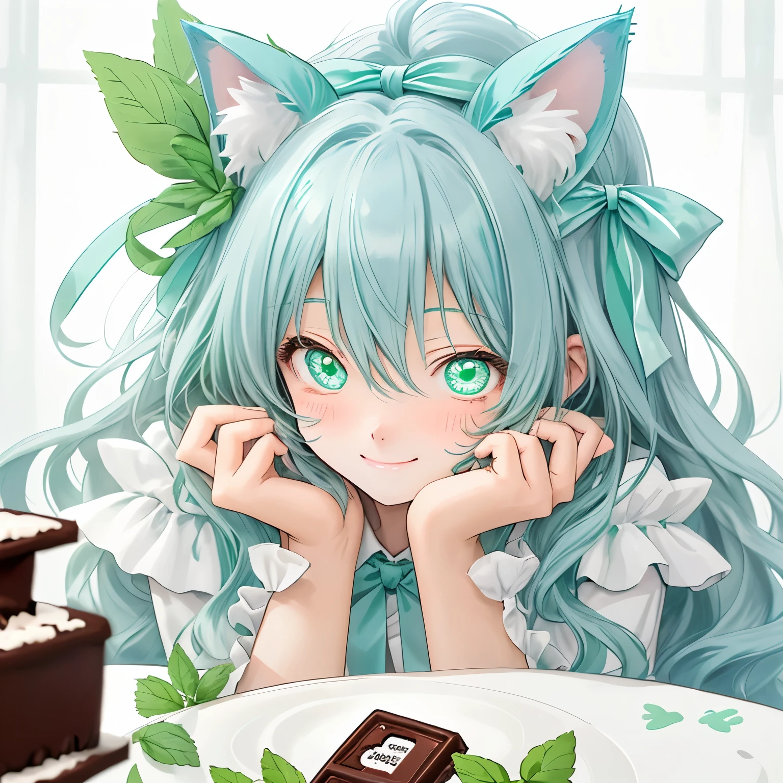 Cat ears with light blue ribbon、mintグリーン、chocolate、mint、Eat a bar of chocolate、smile
