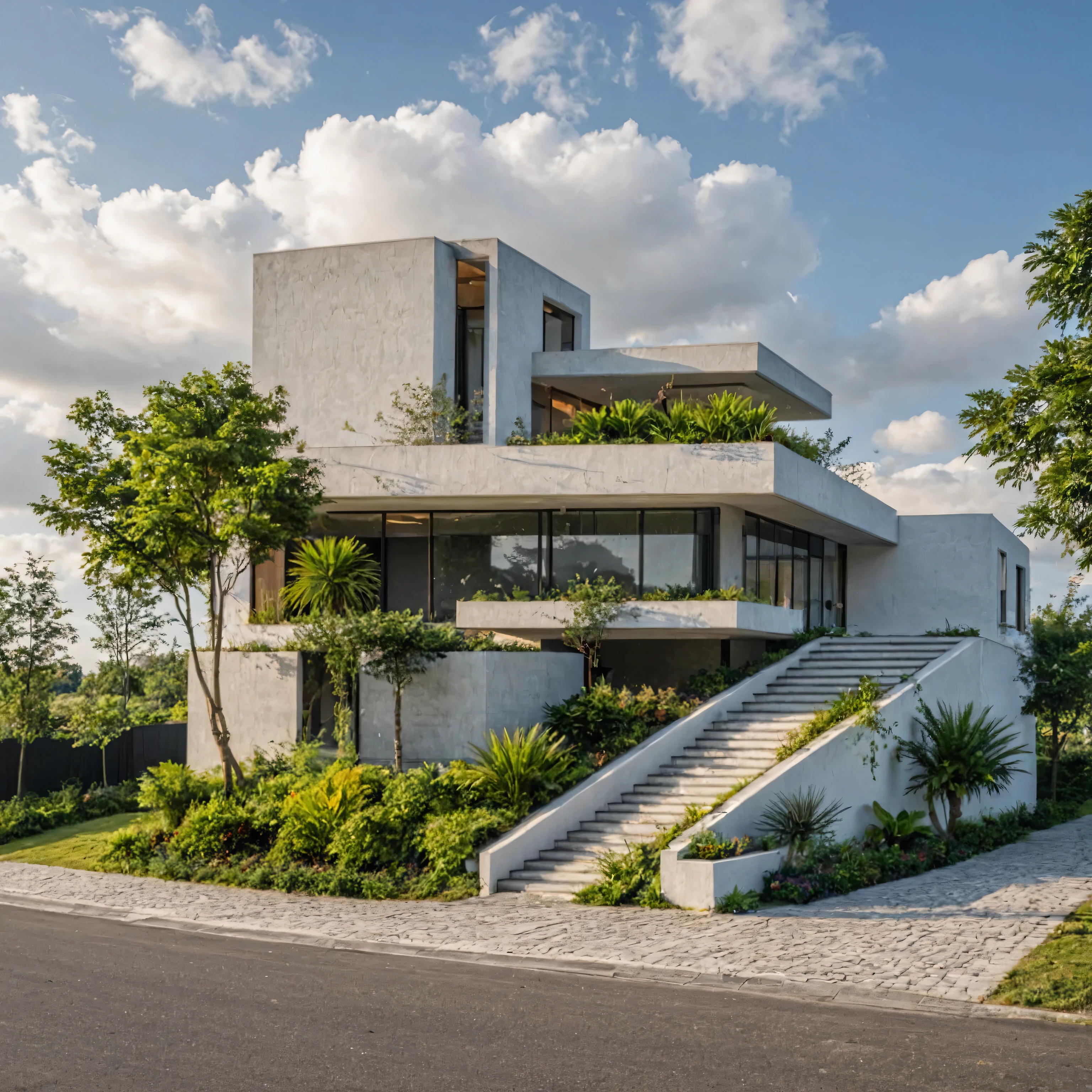 Masterpiece, high quality, best quality, authentic, super detail, outdoors, onestoreyvillaXL, aiaigroup, house style modern on the street ,stairs, white wall ,road,pavement, grass, trees, sky, cloud, (daylight:1.1)
