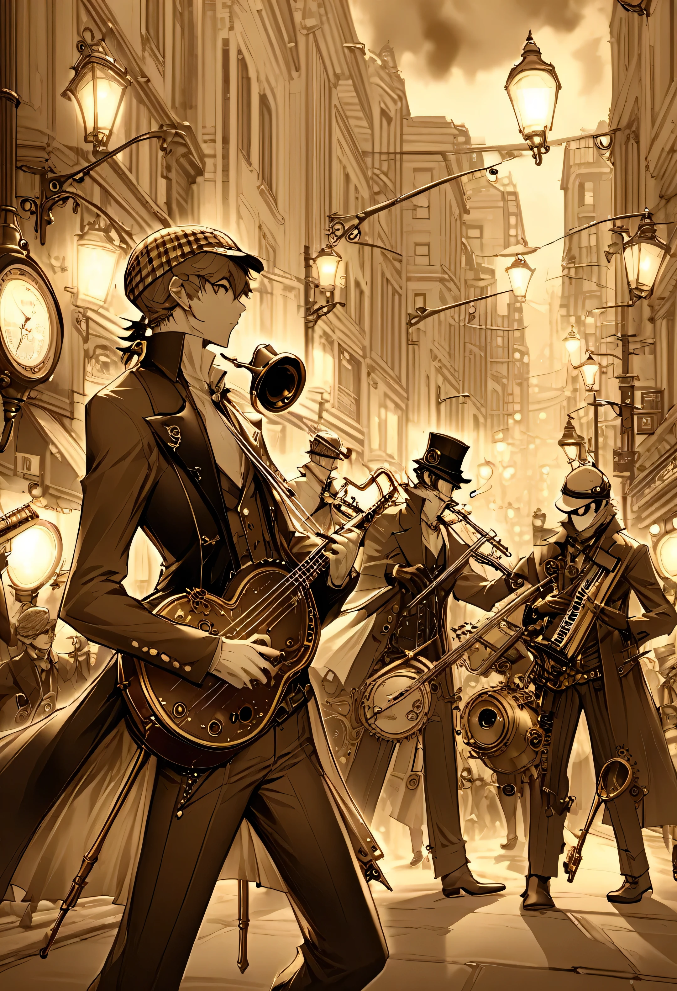 high quality,(High resolution:1.2),Incredible illustrations, (persona5) 1boy(Frock coat,slacks,Deerstalker hat)(see through))(sepia-toned)Street musicians playing instruments under gas lamps in a busy downtown area(Steampunk)