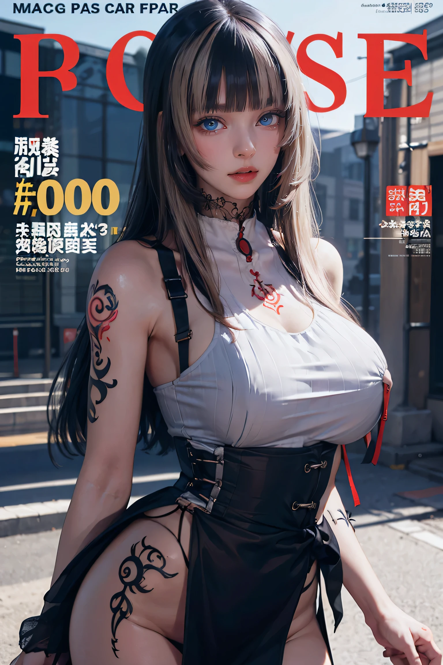 masterpiece, Top-class, Spring Dresses, Colored Hair, Outdoor, Magazine Cover, Sheer short skirt,, suspenders, Light tulle, Wide Hips, Narrow waist, Smooth, soft and delicate skin,(((He has many tattoos all over his body)), (((Tight waist))), ((Big Breasts)),(See through),panties