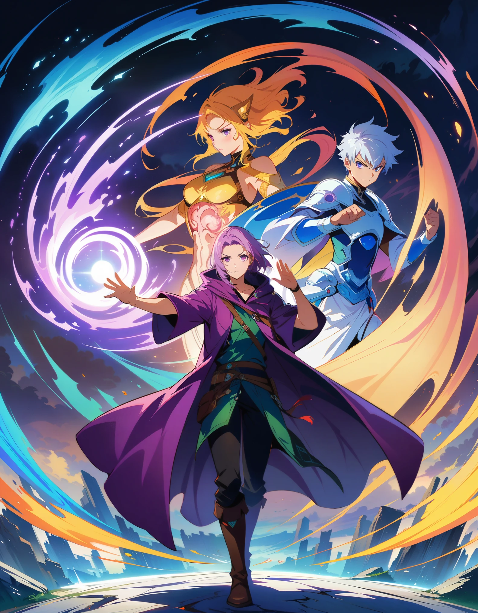 yinji,1gir, (1boy), Fighting Stance,Eyes on the audience,(1 couple:1.5),Anime character with purple cloak,流行的Different world动漫,Anime artwork,Fan Art,Official Art,Fantasy style anime,Shadow Poetry Style,detailed key anime art,Fantasy Anime Series,Different world,future,hero,Doujin Art Artstation, (anatomically correct:1.5), 1yj1