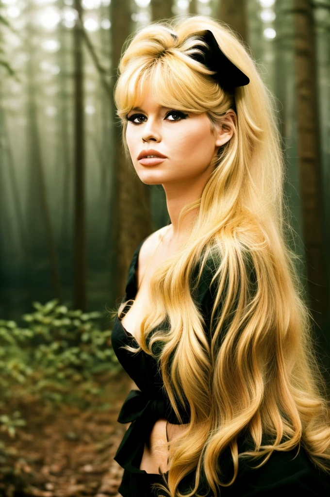 a Detailed Photo of a bbardot woman with dark eye makeup and a black bow on her head, detailed face, Beautiful, Perfect Eyes, (highly detailed skin:1.1), perfect body, wearing a swing dress, Professional Photography, Soft Lighting, Photorealistic, Realistic, ((Fog:1.2)), ((in a Forest background)), blurred background, volumetric fog, God Rays, Bokeh, RAW, analog style, sharp focus, 8k, high res, DSLR, high quality, Fujifilm XT3, film grain, award winning, stunning